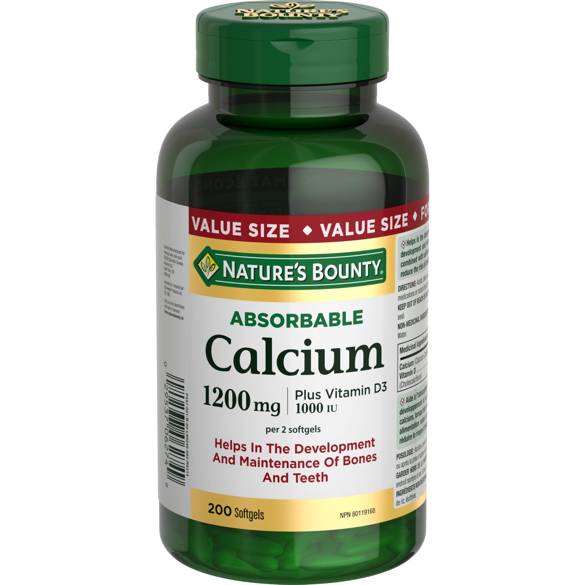 Nature's Bounty Absorbable Calcium 1200mg plus Vitamin D3 1000IU Softgels, 200 Count