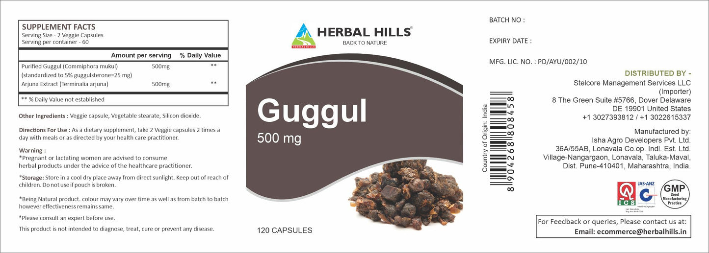 Herbal Hills Guggul Capsule with Arjuna Extract 1000mg, 120 Capsules