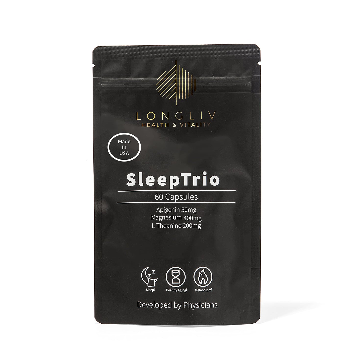 LongLiv Health and Vitality Sleep Trio Magnesium Apigenin L-Theanine Capsules, 60 Count