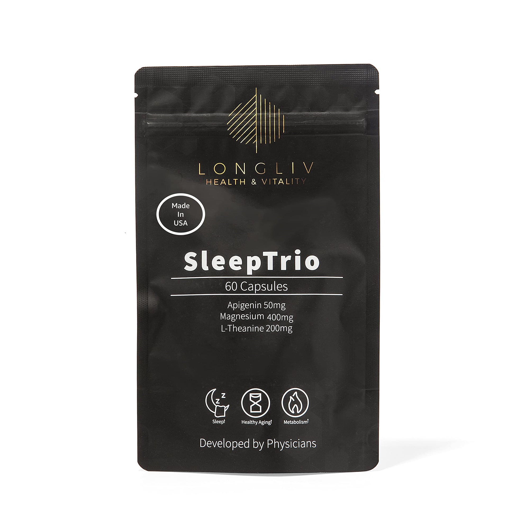 LongLiv Health and Vitality Sleep Trio Magnesium Apigenin L-Theanine Capsules, 60 Count
