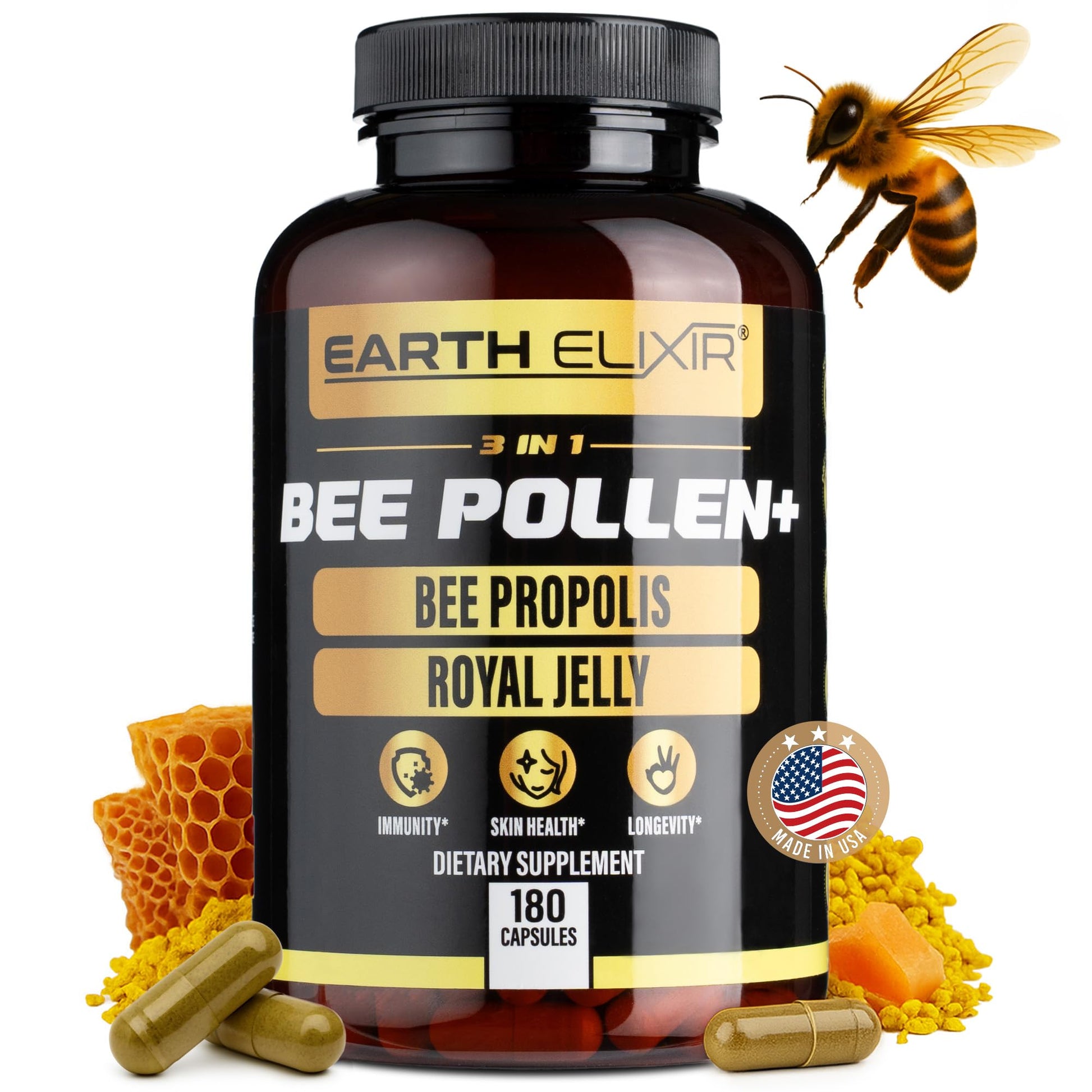 Earth Elixir 3-in-1 Organic Bee Pollen Capsule 180 Count