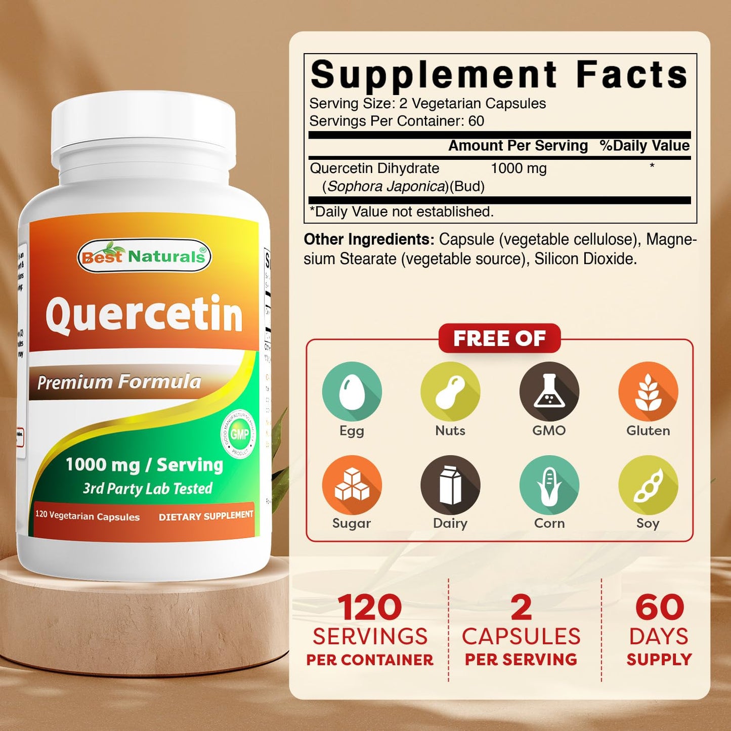Best Naturals Quercetin 1000 mg Veggie Capsules, 120 Count