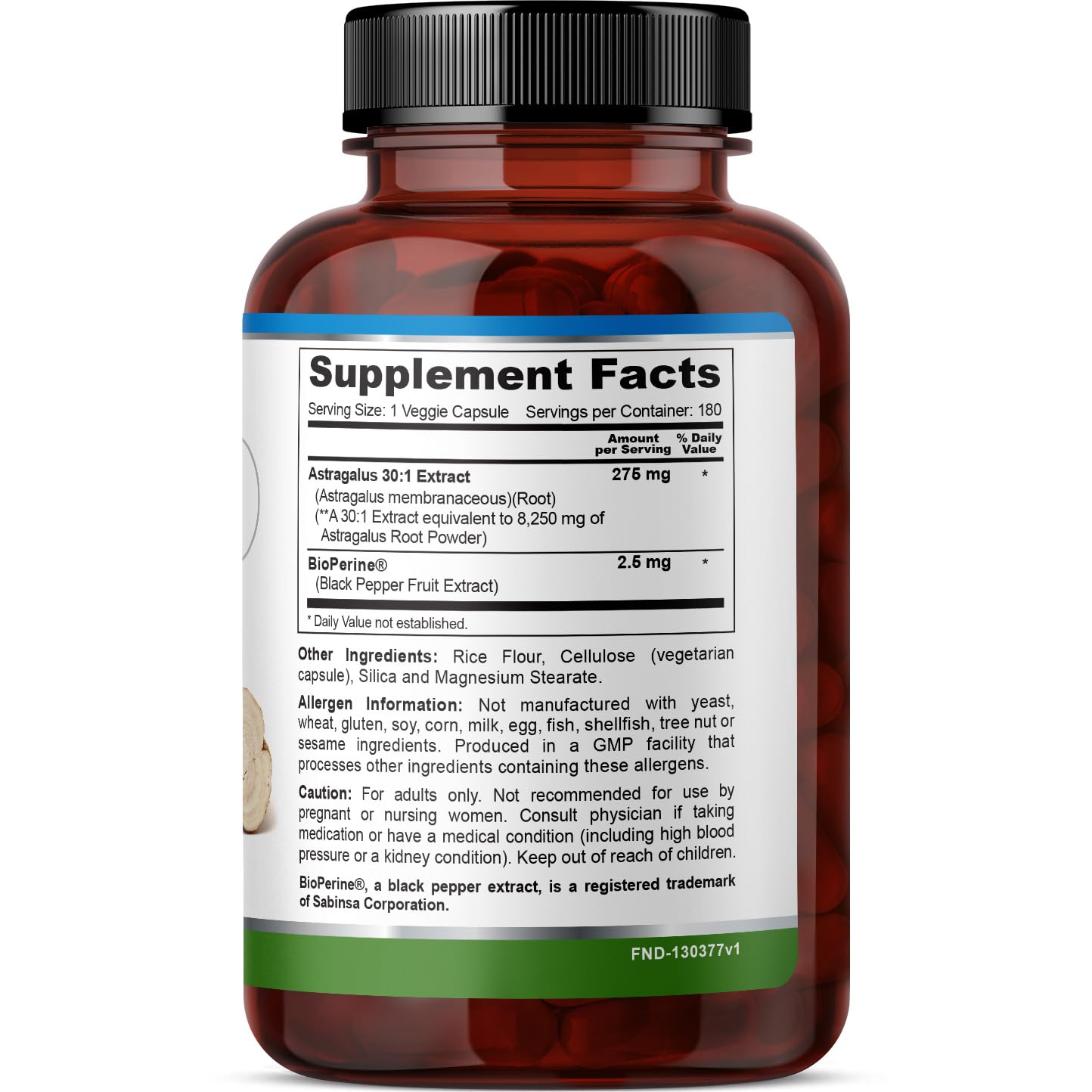 FineLand Astragalus 30:1 Extract, 275 mg - Formula with BioPerine - Non-GMO, 180 Capsules
