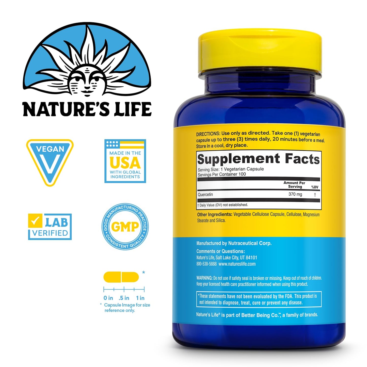 Nature's Life Fortifying Quercetin 370 mg Bioflavonoid Support for Overall Wellness Capsules, 100 Count