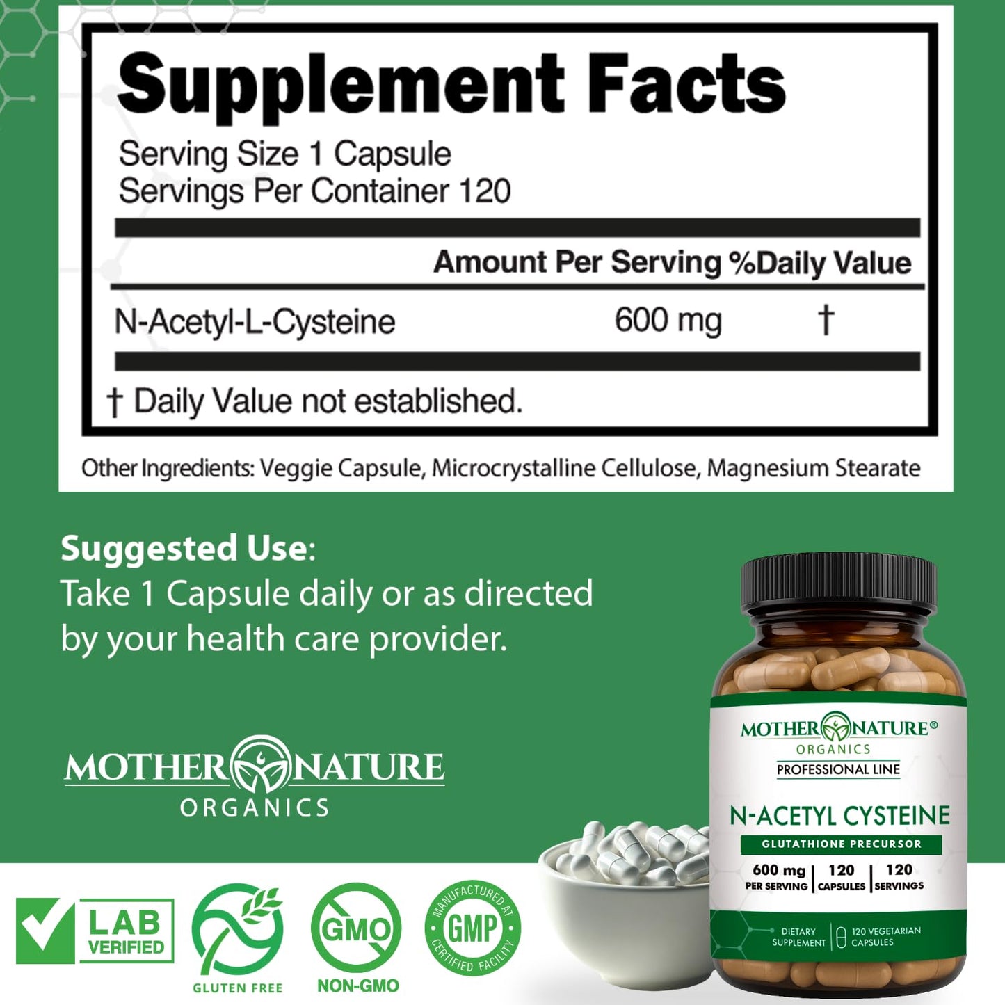 Mother Nature Organics Superfoods for Organic Living NAC 600mg N-Acetyl Cysteine Capsules, 120 Count