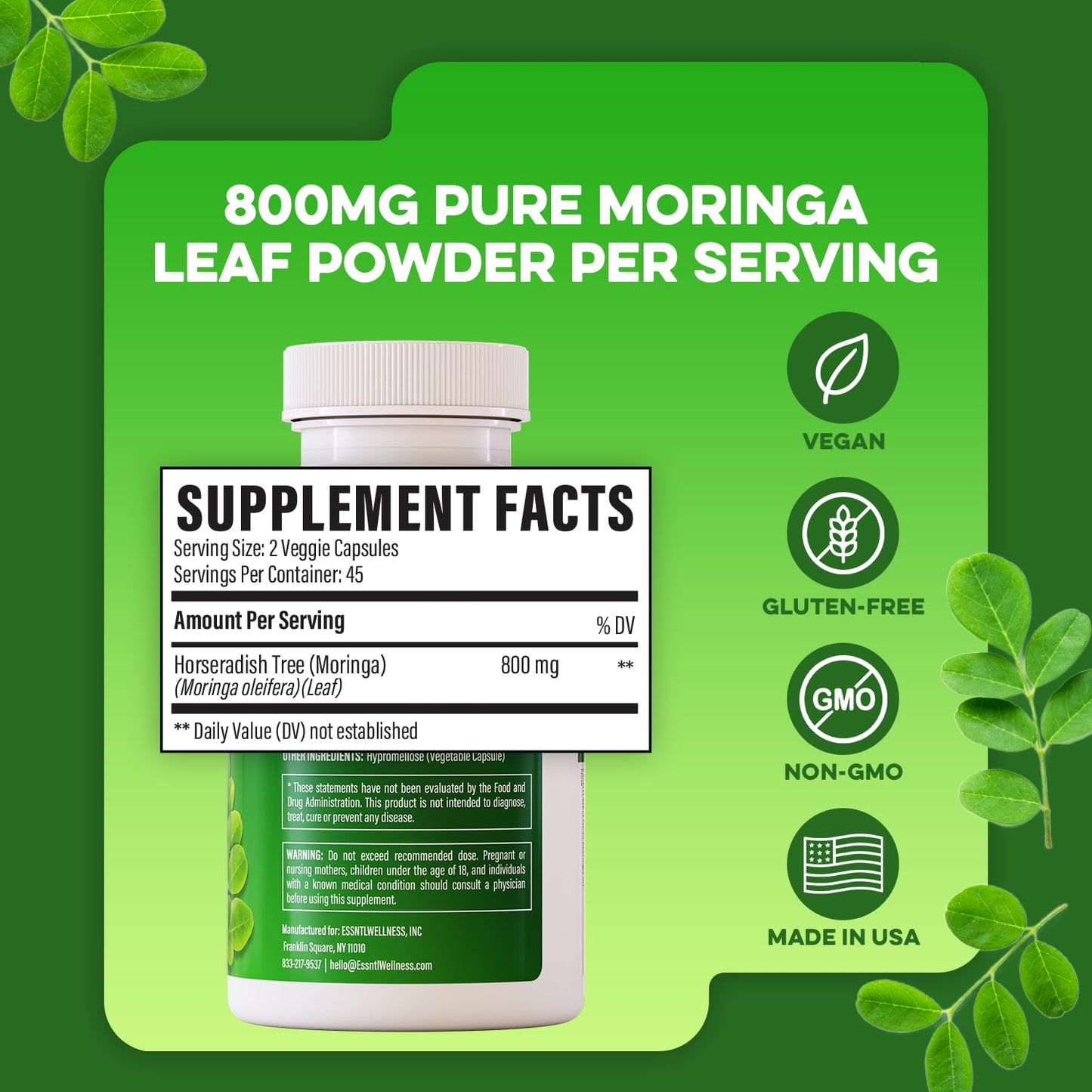 ESSNTLWELLNESS Moringa 800mg Capsules 90 Count