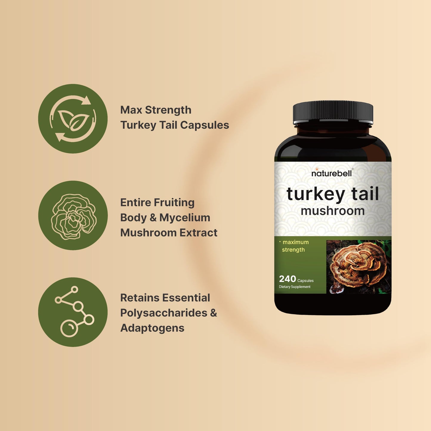 NatureBell Turkey Tail Mushroom Extract Capsules, 600mg per serving, 240 Count