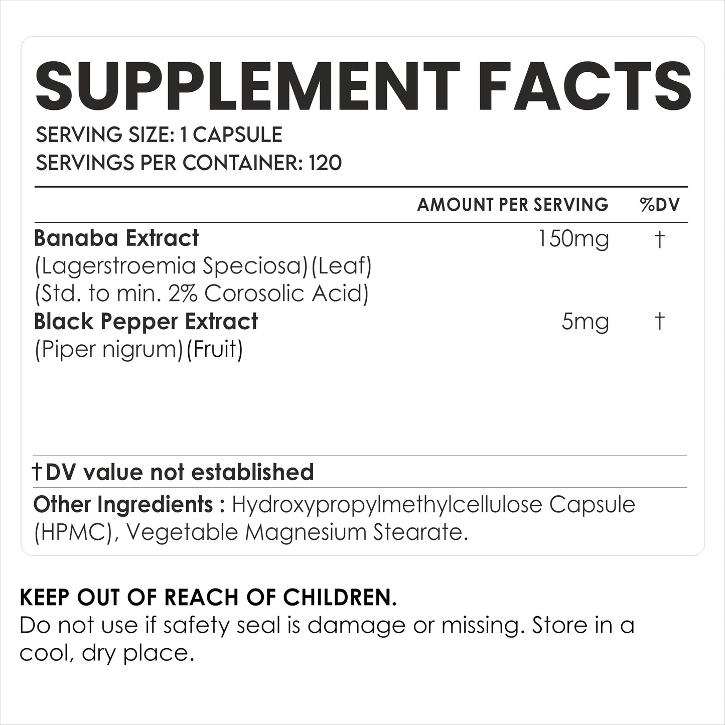 AMALTH Banaba Leaf Extract Capsules 150 mg Banaba Supplement Lagerstroemia Speciosa Extract with Black Pepper Extract, 120 Veg Capsules, Non-GMO
