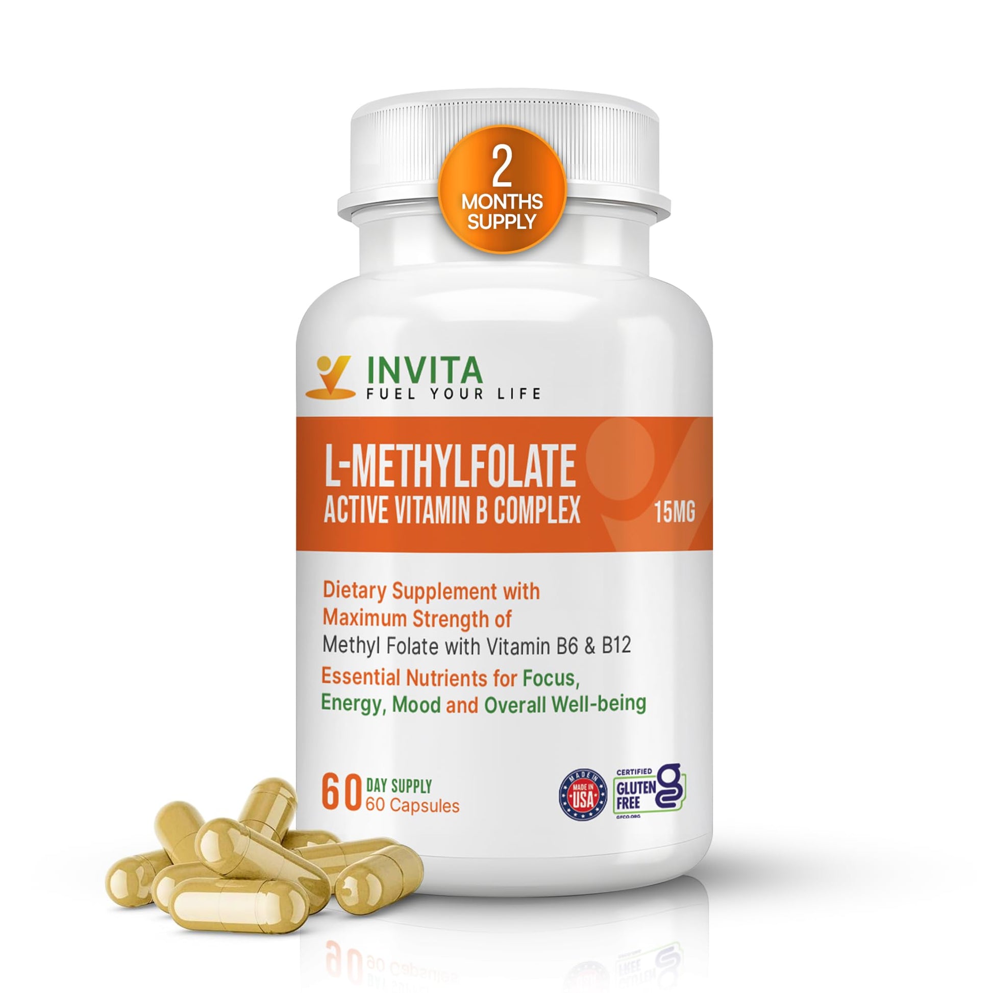 INVITA L-Methylfolate 15mg + Active Vitamin B Complex Capsules 60 Count
