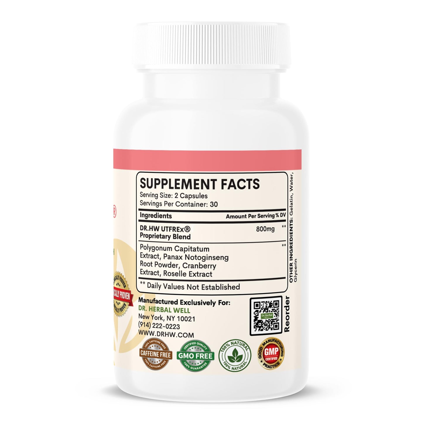DR. HERBAL WELL UTFREX Clinically Proven Urinary Tract UTI Health Supplement Natural Support Cleanse Flush Protect (No Probiotics & D-Mannose) Capsule 1