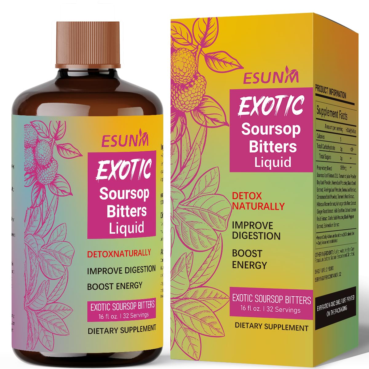 ESUNM Herbal Detox Soursop Bitters Berry-Infused Detox Tonic with Black Seed, Moringa, Irish Moss & Ginger 100% Natural 32 Capsules