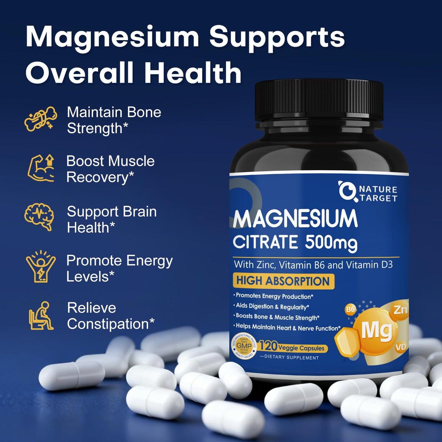 Nature Target Magnesium Citrate 500mg with Zinc & Vitamin D Capsules, 120 Count