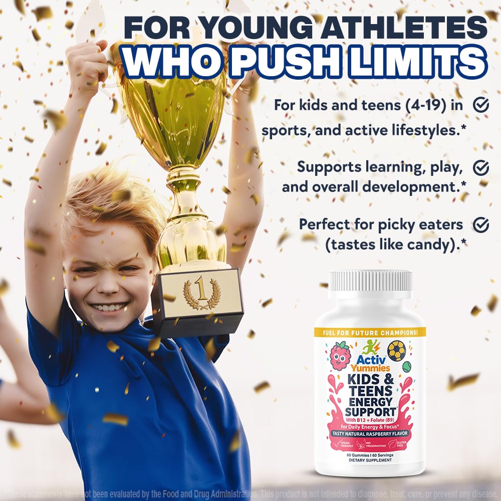 ActivYummies Kids & Teens Energy Support with Vitamin B12 + Folate (B9) - Supports Energy Production, Brain Function & Metabolism - Gummy, 60 Count
