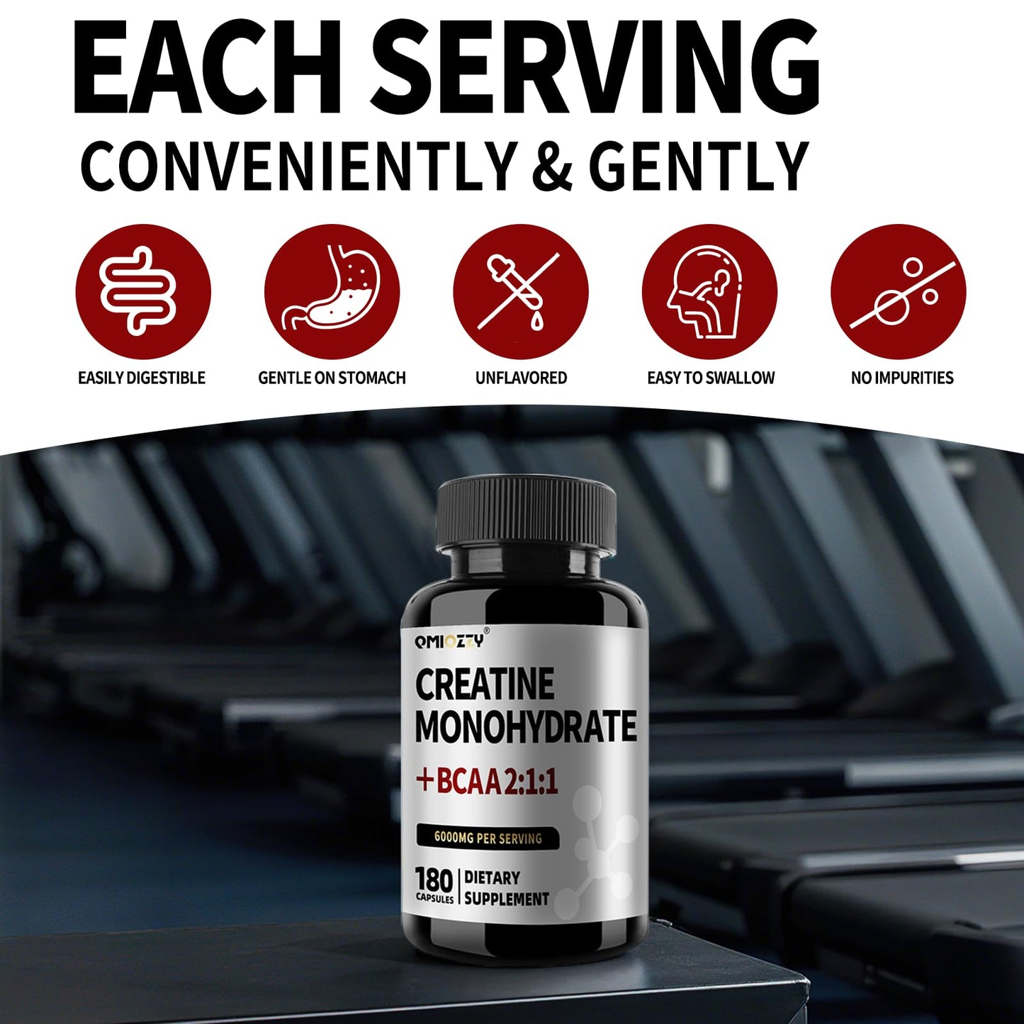Qmiozzy Micronized Creatine Monohydrate 6000mg Capsules with BCAA 2:1:1, 120 Capsules