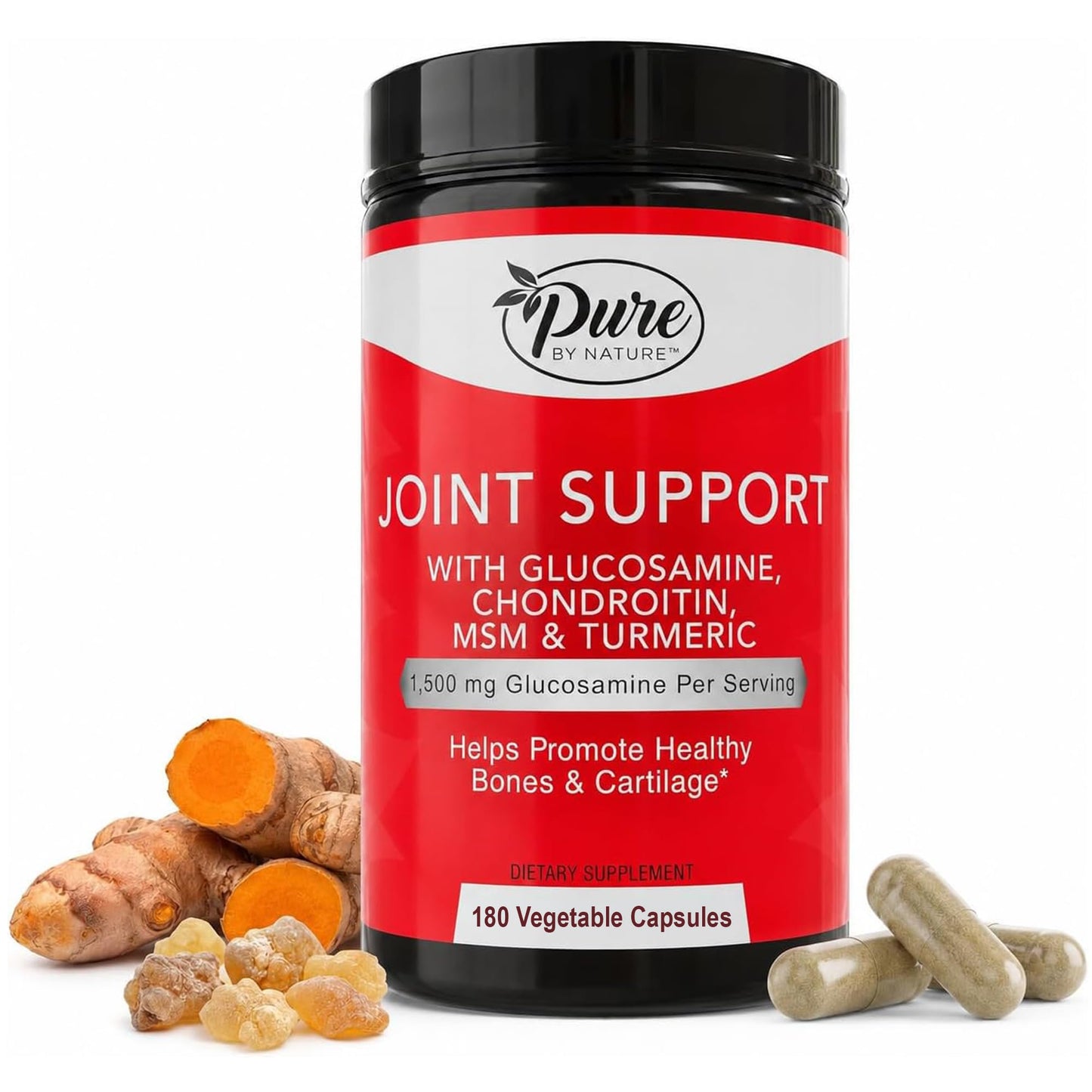 Pure By Nature Glucosamine Chondroitin MSM Turmeric Boswellia (60 Day Supply) Joint Support Supplement for Women & Men, Gluten Free, Non GMO, 180 Capsules