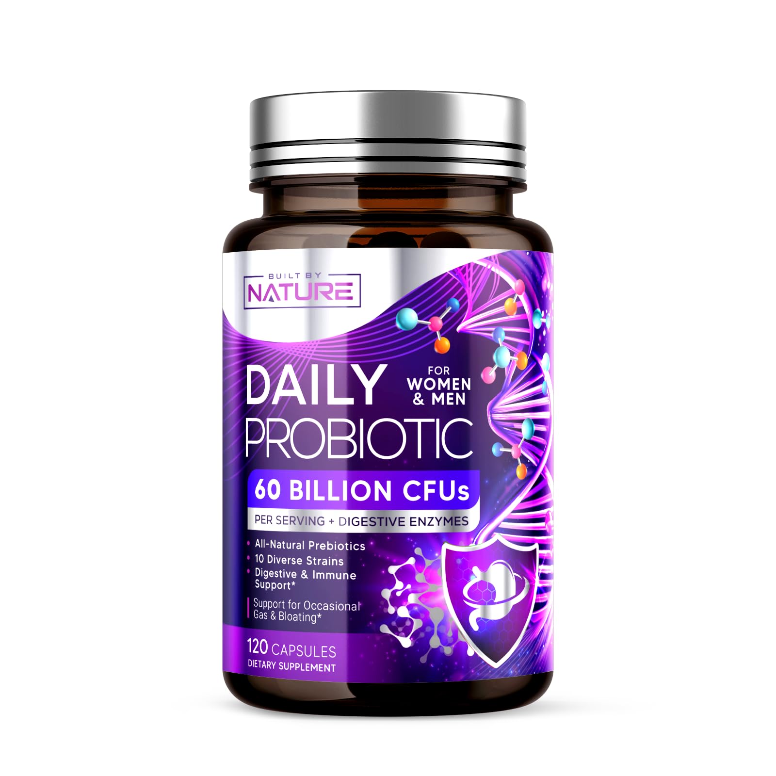 Built by Nature Probiotic for Women & Men – 60 Billion CFU, 10 Strains + Prebiotics & Digestive Enzymes – Supports Digestive, Immune, Reduce Gas & Bloating – Shelf Stable, Non-GMO, 120 Capsules