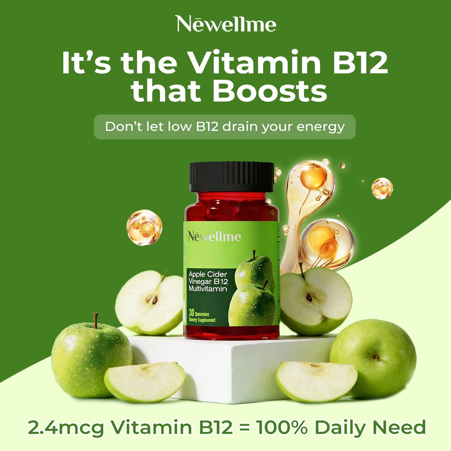 NEWELLME ACV Gummies with the Mother & B12, Sugar-Free, Great-Tasting Vegan Gummies for Digestion, Metabolism & Daily Energy Support, 30 Count