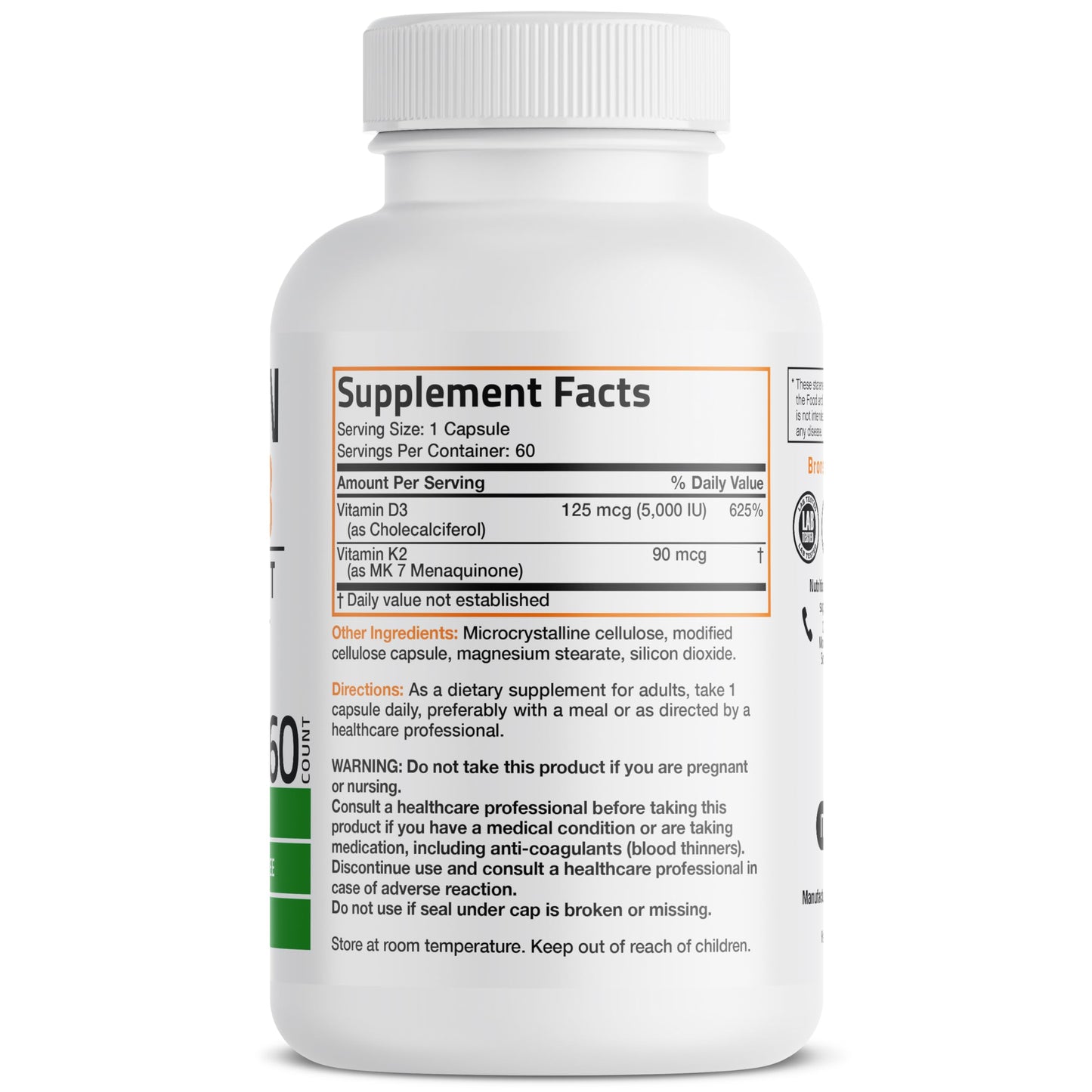 Bronson Vitamin K2 D3 (MK7) Supplement 2-in-1 D3 & K2 Complex Capsules, 60 Capsules