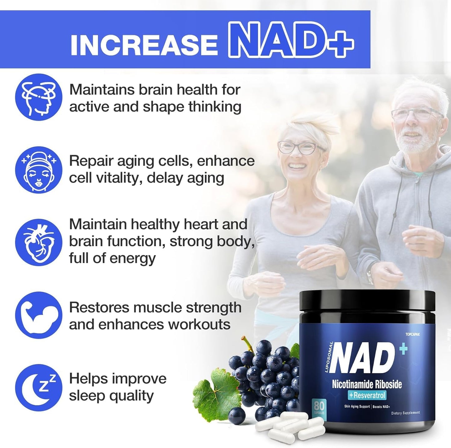 TOPCAPAK NAD+ Supplement - Nicotinamide Riboside & Resveratrol, Liposomal NAD+ 1000mg, 80 Capsules