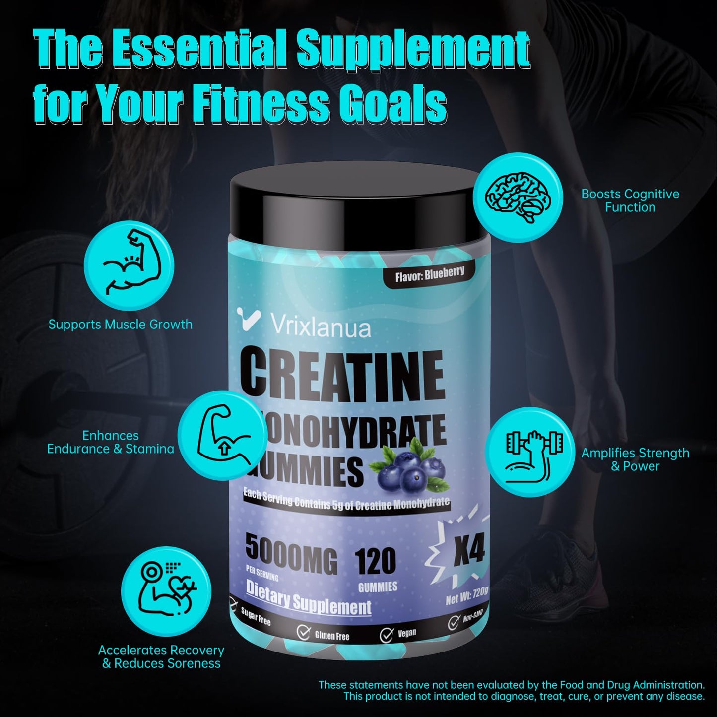 Vrixlanua Creatine Monohydrate Gummies, 120 Count