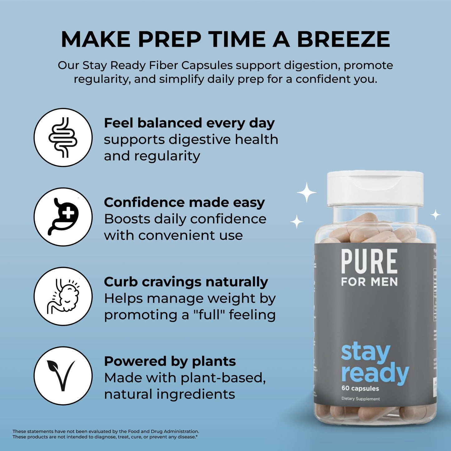 Pure for Men Stay Ready Fiber Psyllium Husk Capsules, 60 Count