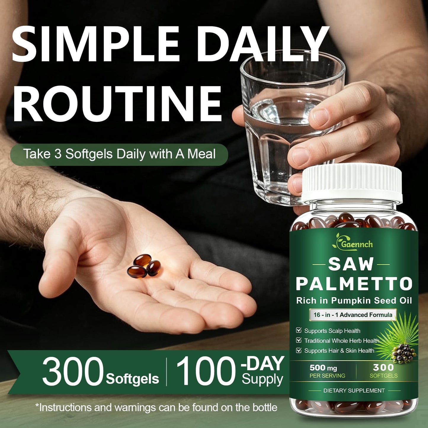 Gaennch Saw Palmetto for Men with Pumpkin Seed Oil Prostate Health Softgels, 300 Count