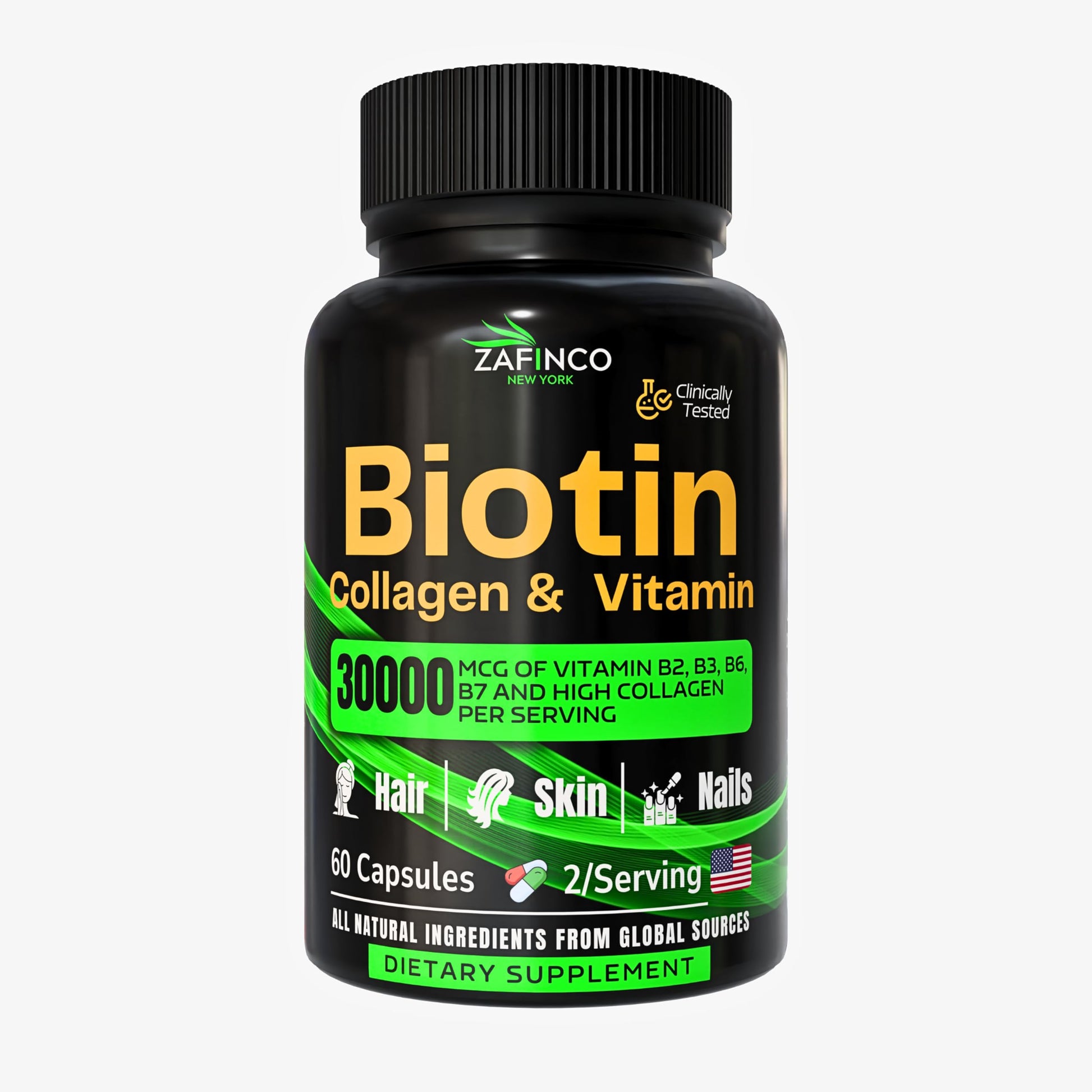 ZAFiNCO Biotin Capsule for Women and Men with 30000 mcg Biotin, Collagen, Hyaluronic Acid & Multivitamin Formula, 60 Capsules