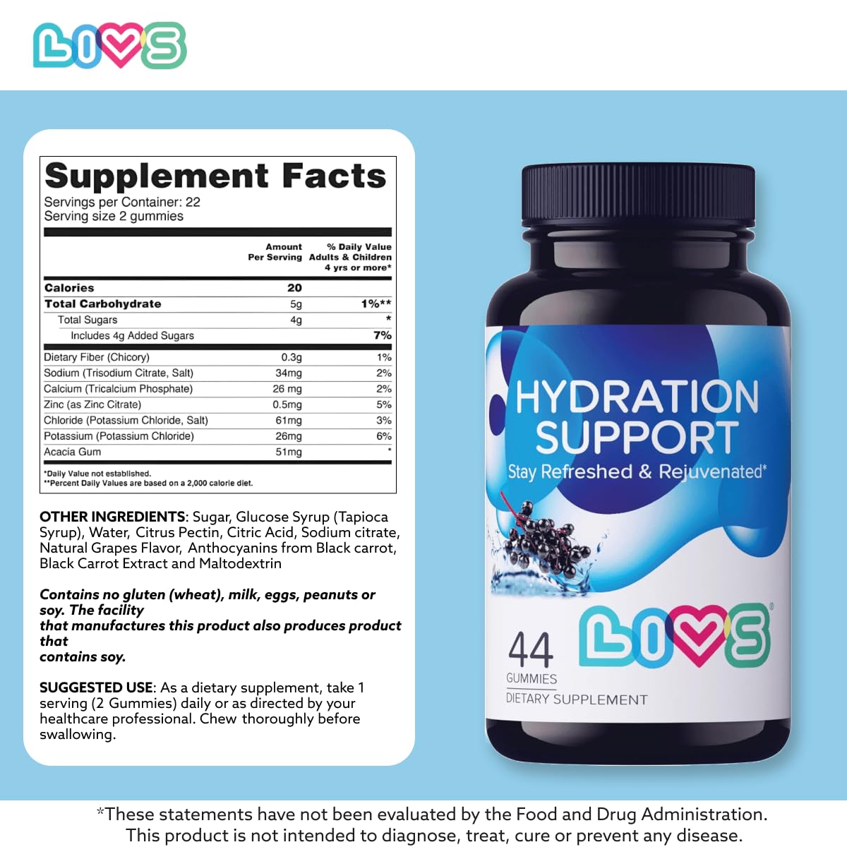 LIVS Electrolyte Gummies for Hydration Support & Post-Workout Recovery, Mineral Supplement with Calcium, Sodium, Potassium and Zinc, Grape Flavor, 88 Count