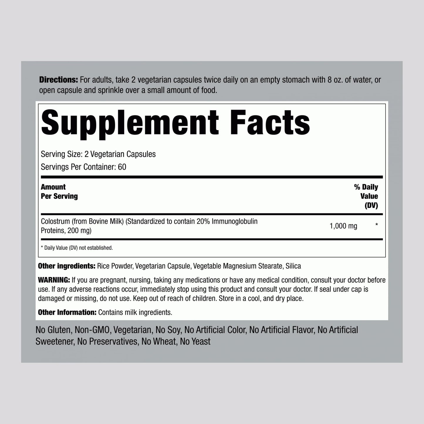 Piping Rock Colostrum Capsules 1000mg, 120 Capsules