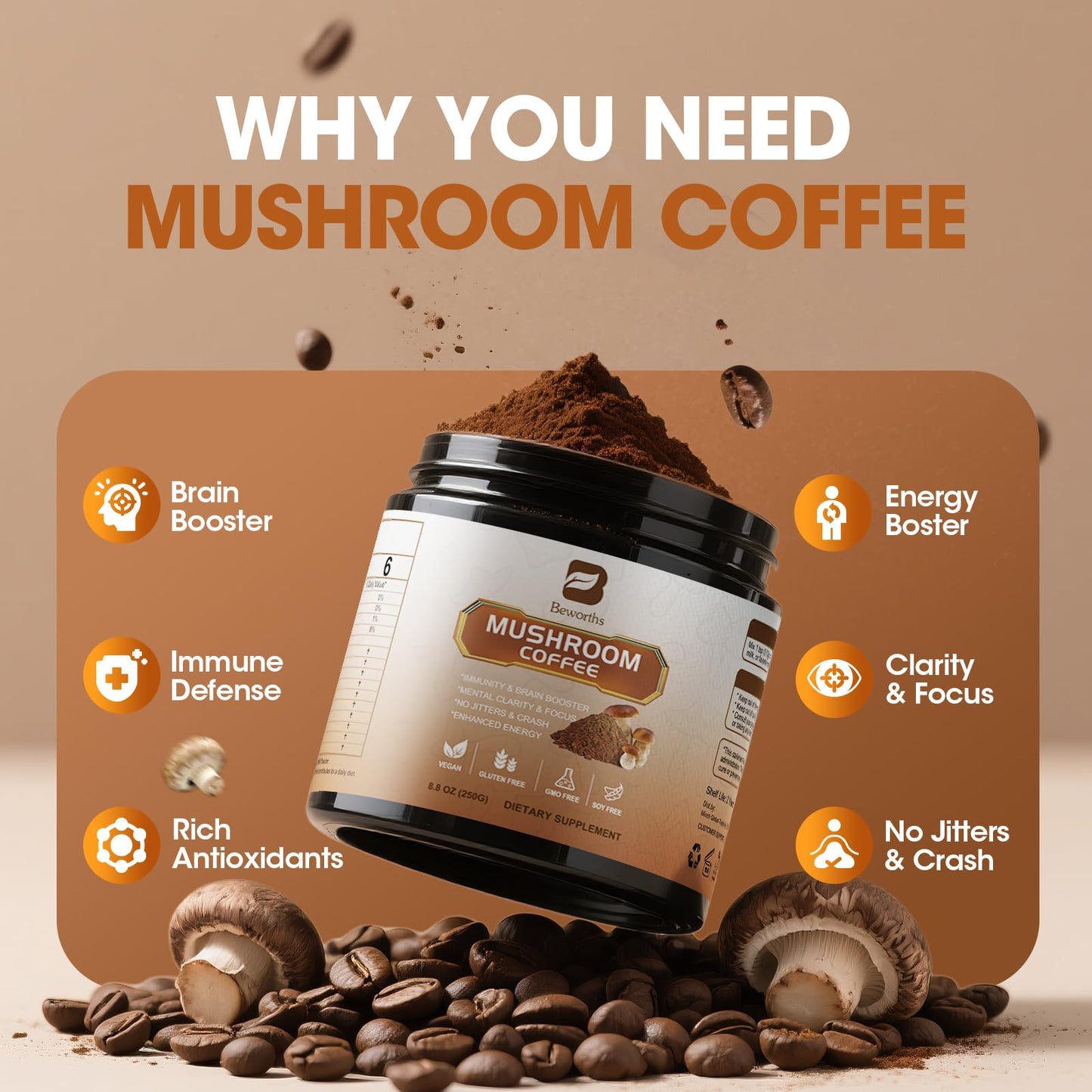 B BEWORTHS Mushroom Coffee Powder 8.8 Ounce