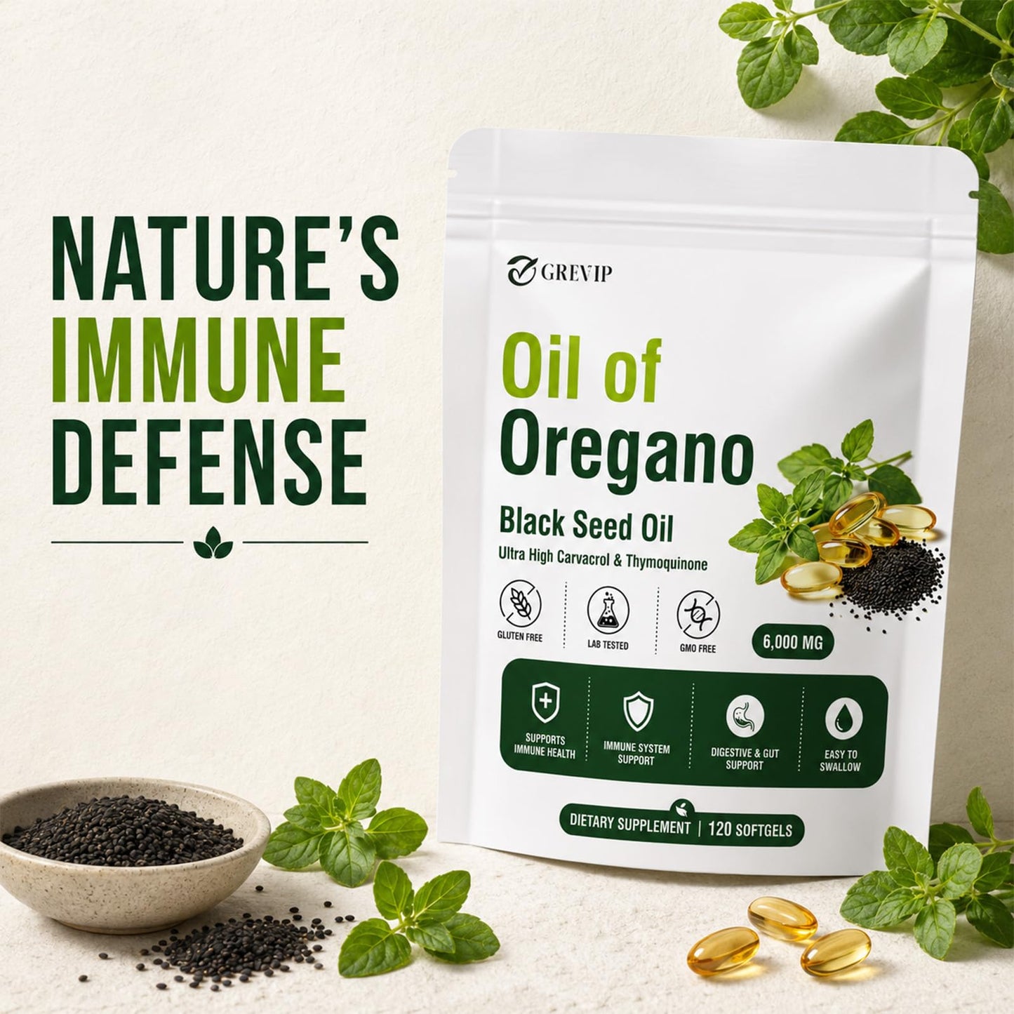 GREVIP Oil of Oregano Softgels with Black Seed Oil, 1 Count