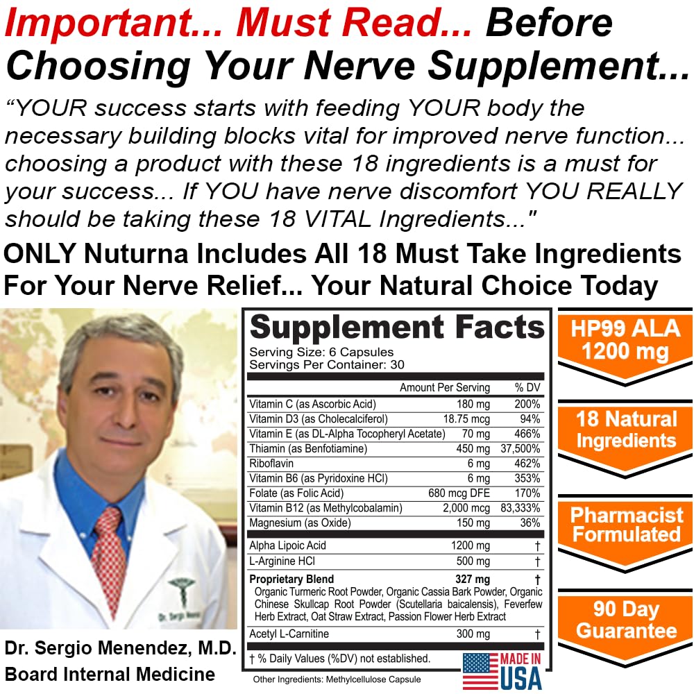 Nuturna Neuropathy Support with 1200 mg HP-99 Alpha Lipoic Acid, Max Strength Nerve Formula, Capsules, 180 Count