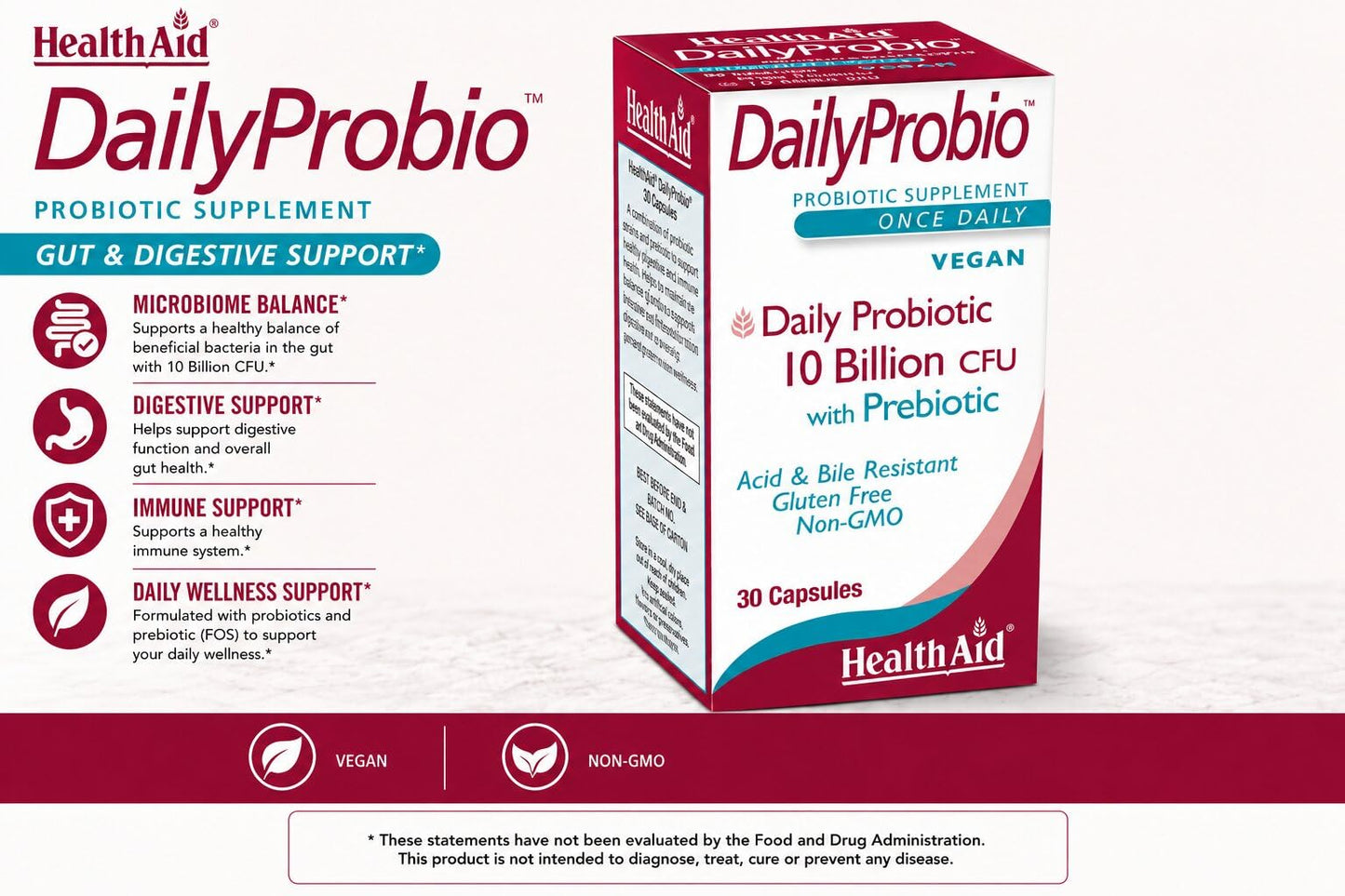 HealthAid DailyProbio Daily Probiotic for Gut Balance 10 Billion CFU with Prebiotic, 10 Strains, Once Daily, Vegan, Shelf-Stable, Non-GMO, 30 Capsules