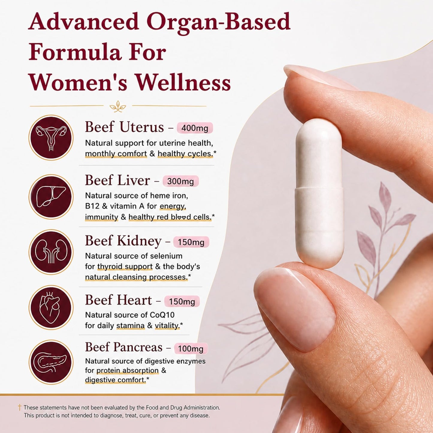 Morivex Beef Organ Supplement for Women Capsules, 120 Capsules