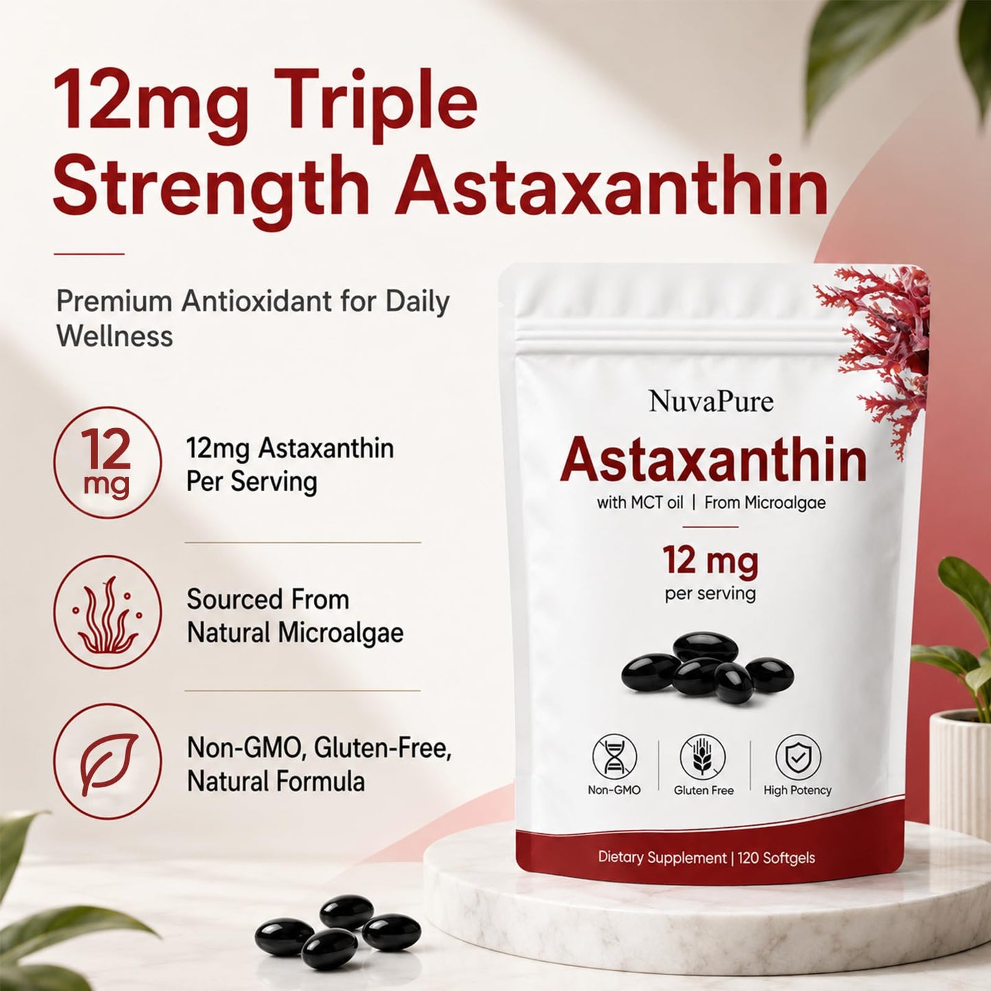 PlocoXe NuvaPure Astaxanthin 12mg Softgel Capsules, 120 Count