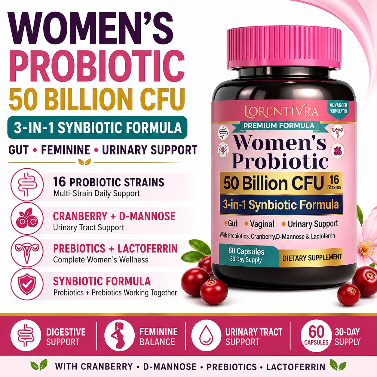 Lorentivra Women's Probiotic 50 Billion CFU, 16 Strains, 3-in-1 Synbiotic with Prebiotics, D-Mannose, Cranberry & Lactoferrin for Gut, Vaginal & Urinary Tract Health, Shelf-Stable, 30 Capsules