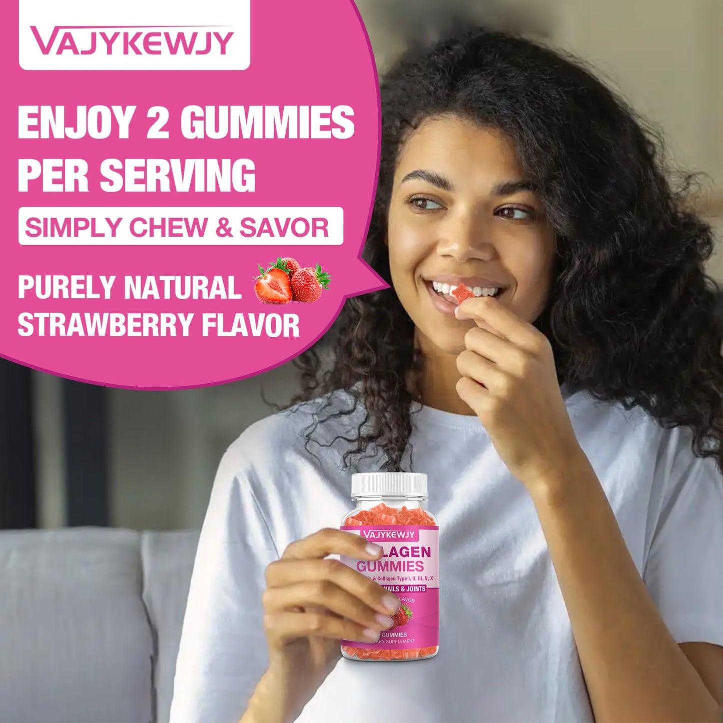 VAJYKEWJY Vegan Collagen Gummies for Women & Men - with Biotin, Vitamin C, & Zinc for Skin Radiance, Hair Growth, Strong Nails, & Joint Support, 60 Count