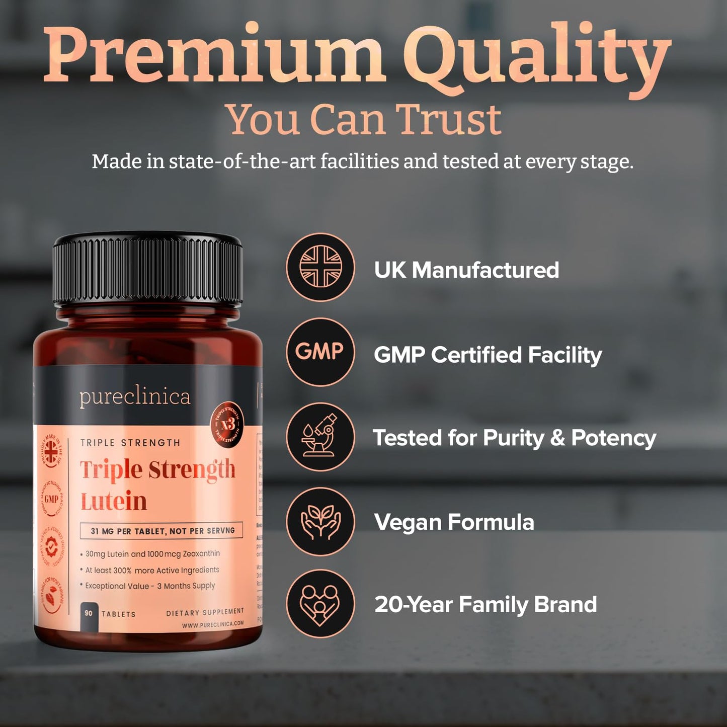 Pureclinica Lutein 30mg with Zeaxanthin 1000mcg – Triple Strength Supplement, 90 Tablets