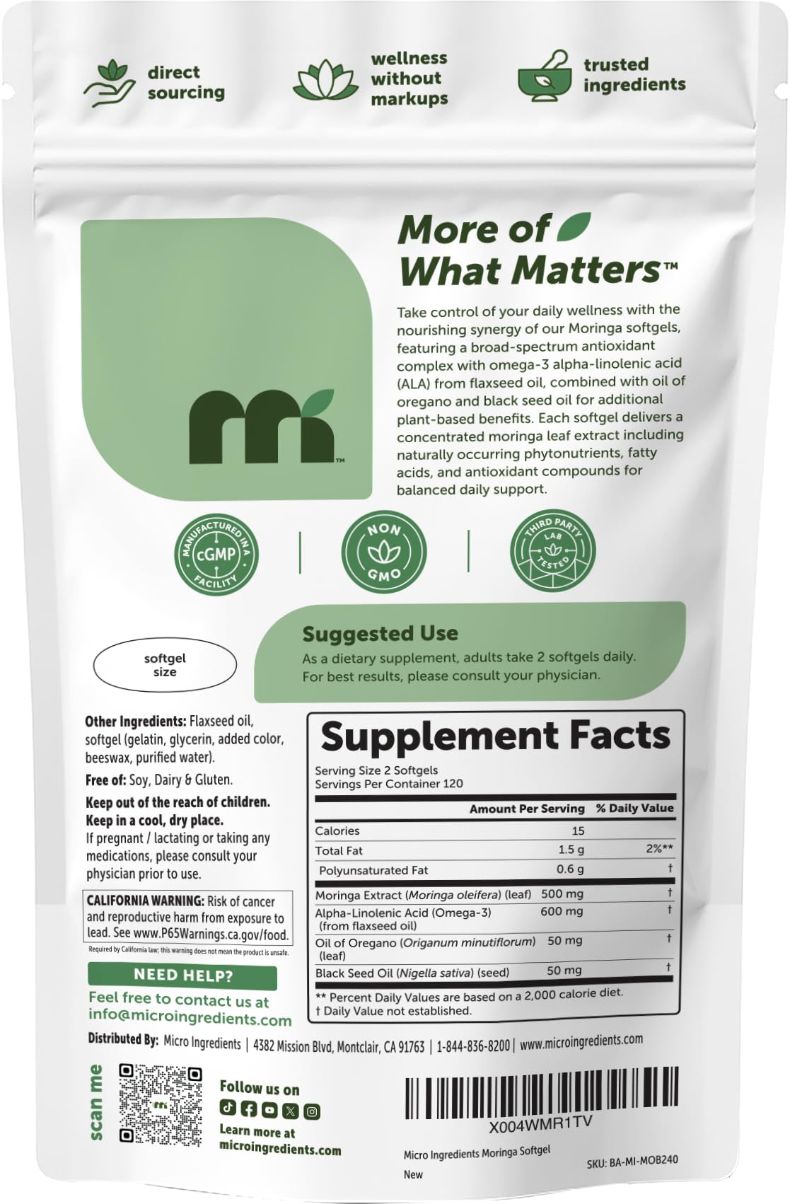 Micro Ingredients Moringa Leaf Extract 500mg per Serving Softgels 240 Count