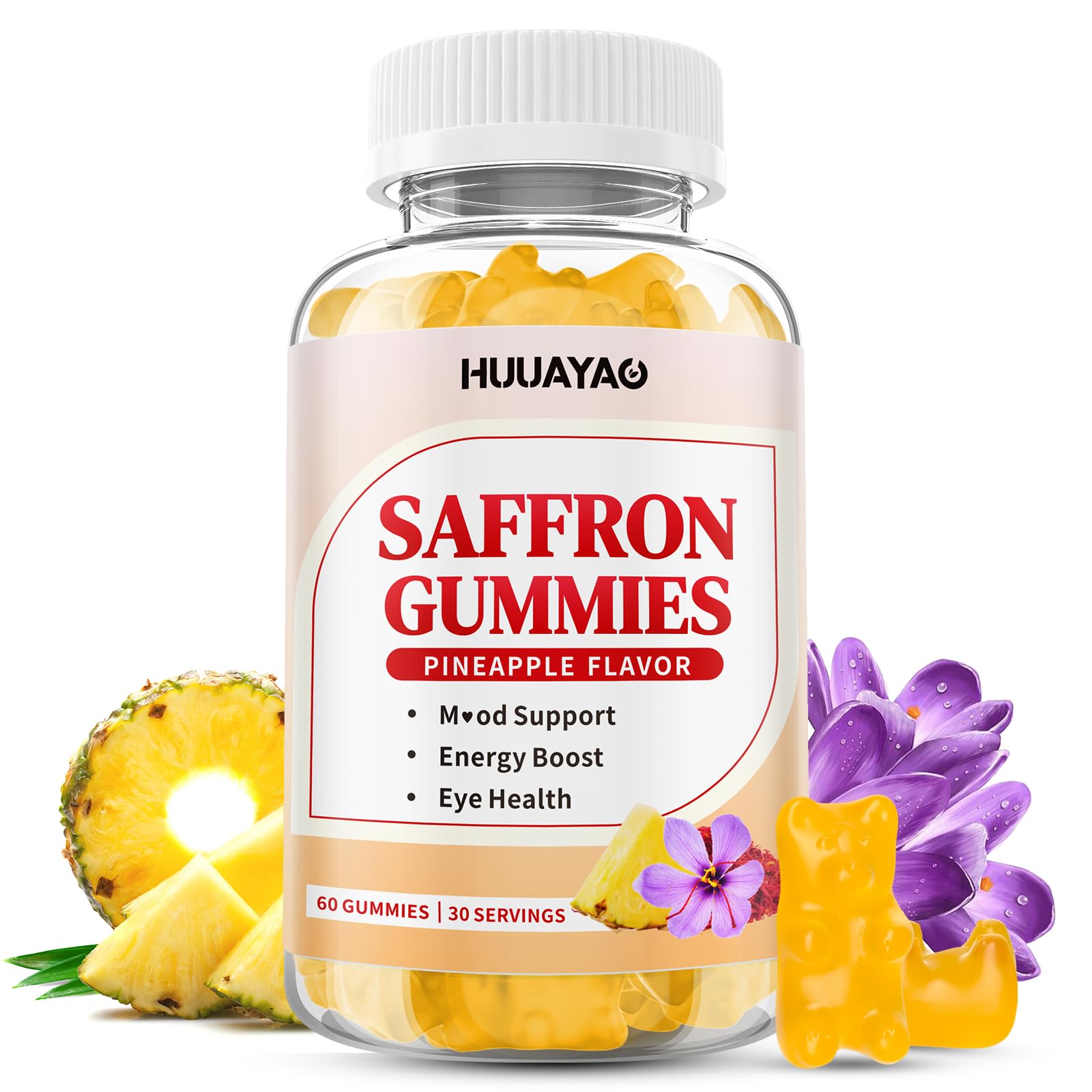 HUUAYAO 10-in-1 Saffron Gummies with Ashwagandha, L-Theanine, Rhodiola Rosea, Vitamin D3, B6, Magnesium & Zinc for Mood, Energy, Focus Support, Pineapple Flavor, 60 Count
