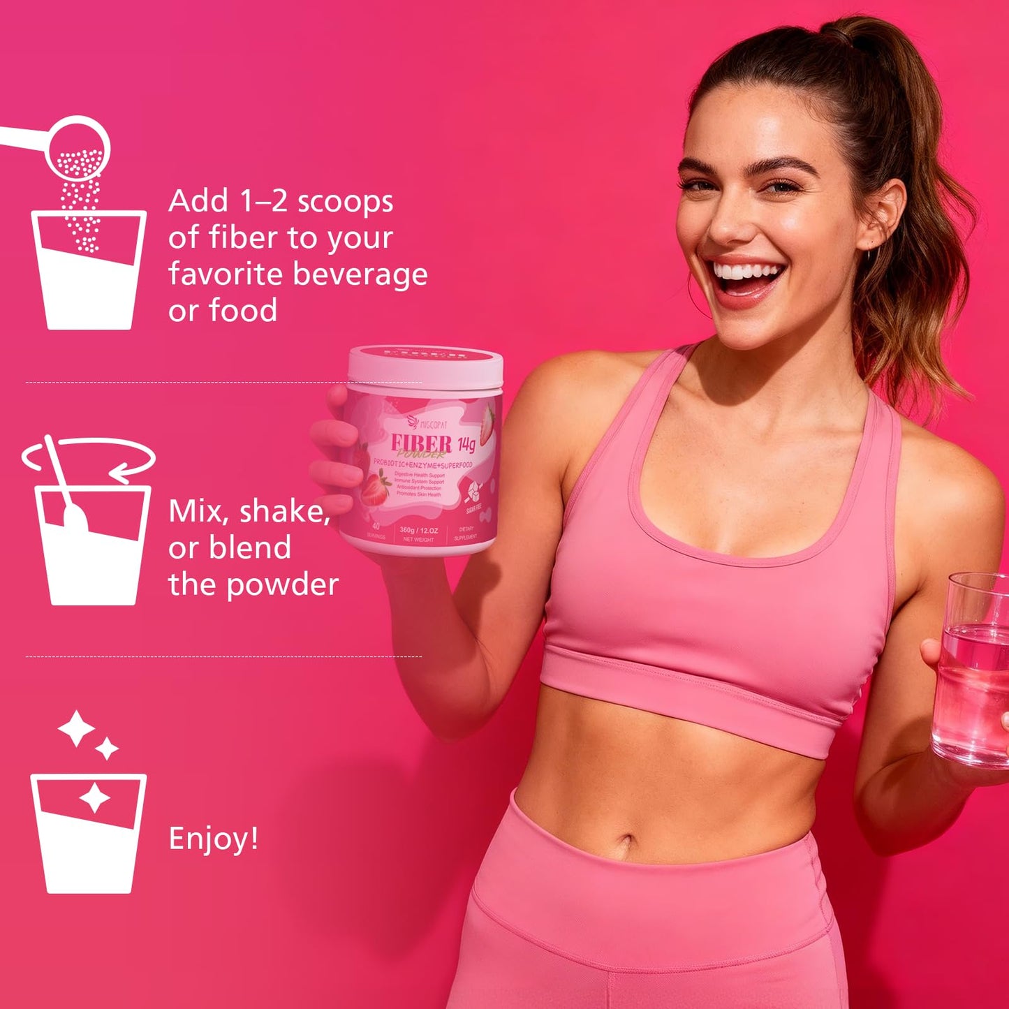 Migcopat Superfood Fiber Powder with Probiotics, Prebiotics, Digestive Enzymes, Vitamin C, Inulin, Magnesium, 14G Fiber Supplement for Digestive Support & Skin Health, Strawberry 12.7 Ounce
