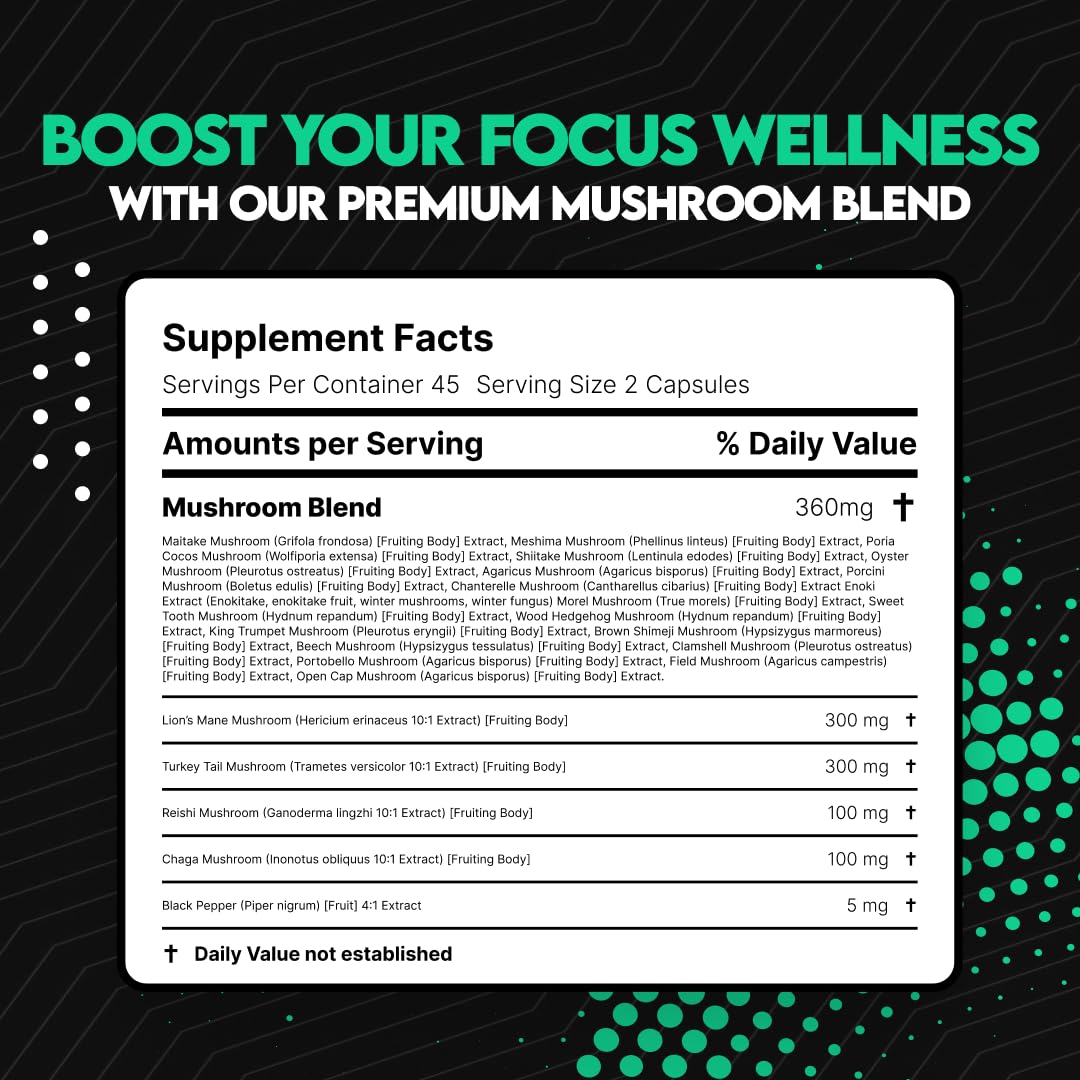 UTOYA Mushroom Blend Capsules - Lions Mane, Reishi, Cordyceps 90 Count