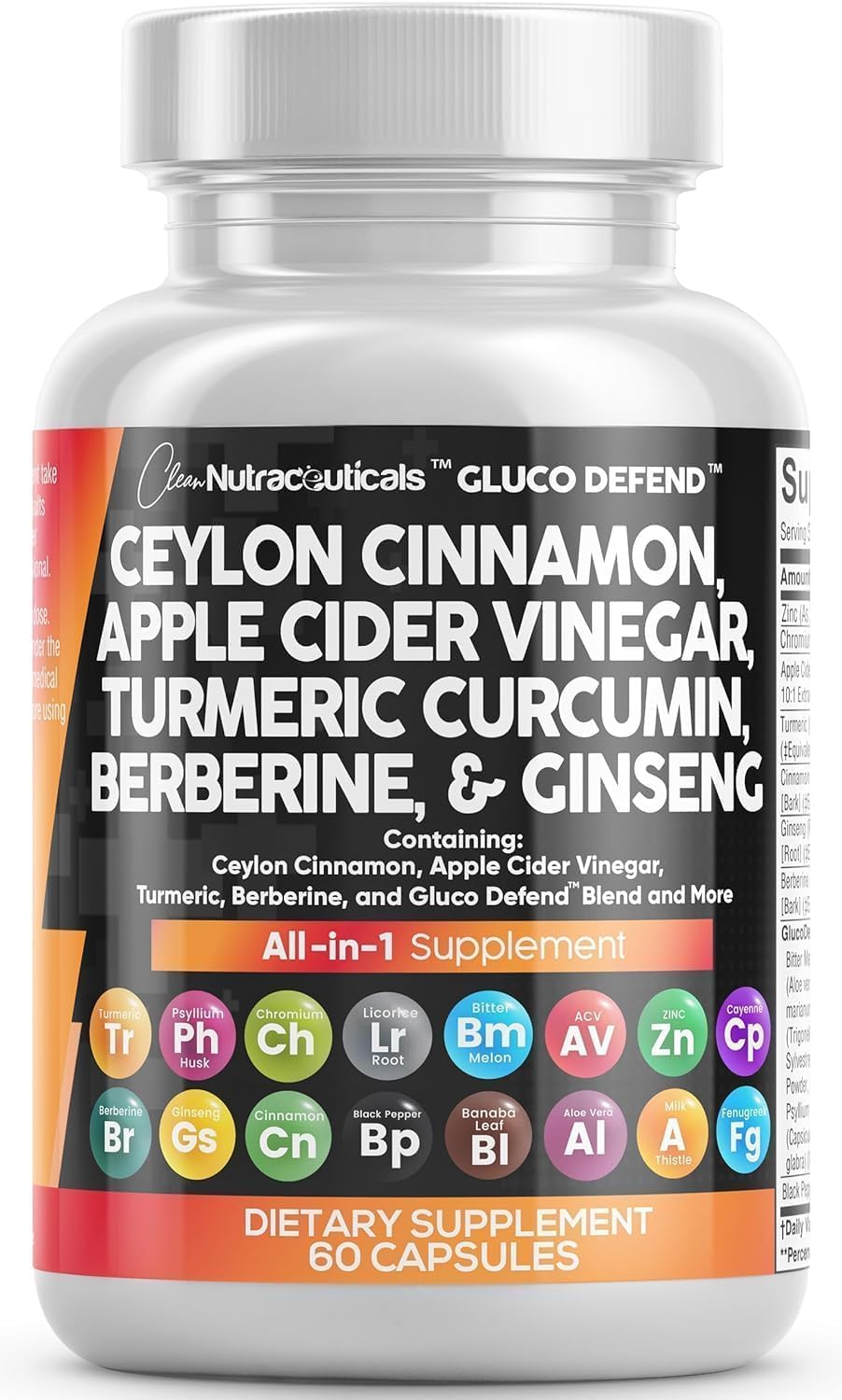Clean Nutraceuticals Ceylon Cinnamon + Berberine Turmeric Apple Cider Vinegar Ginseng Bitter Melon Gymnema Milk Thistle Fenugreek Supplement Capsule, 60 Count