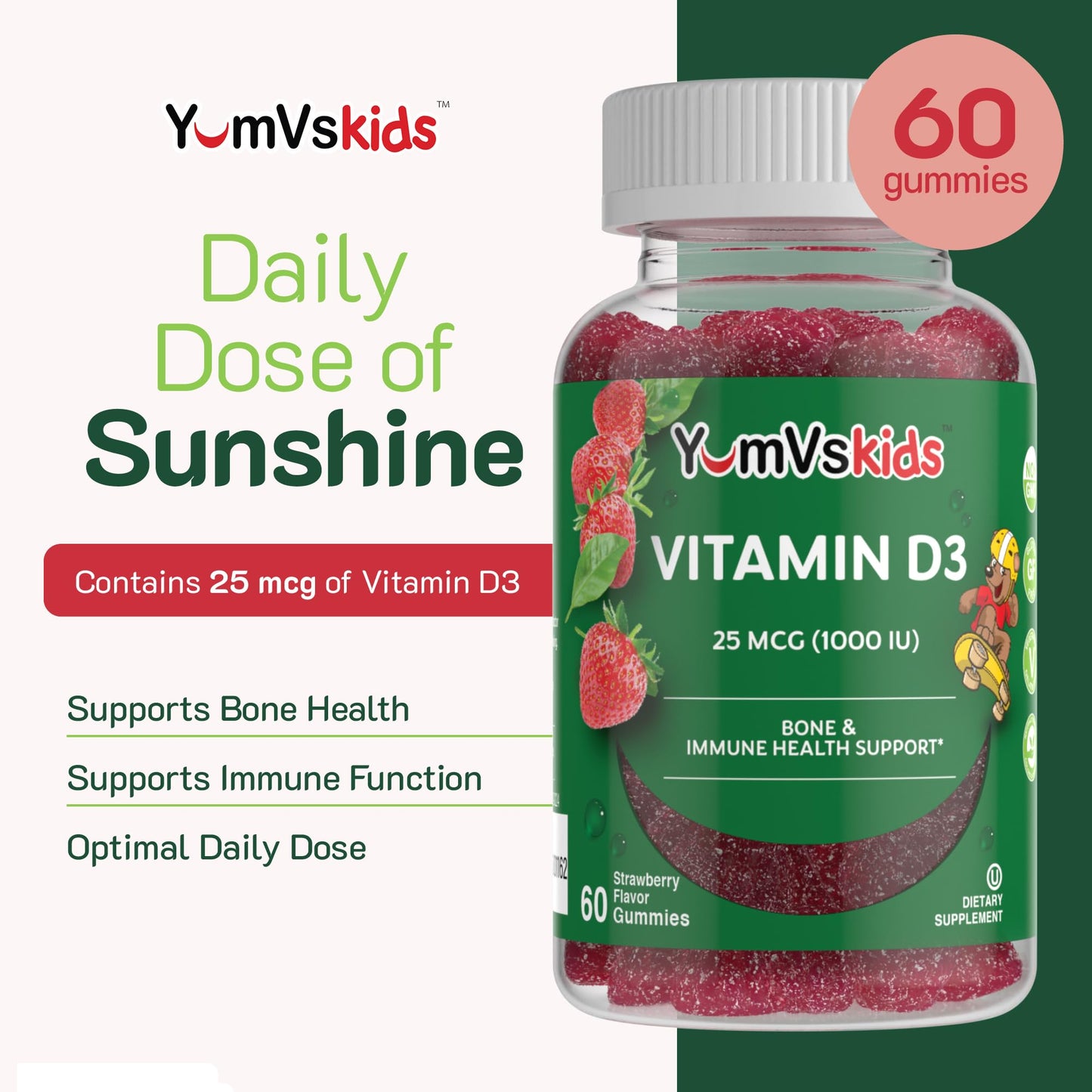 YUM-V'S Vitamin D Gummies for Kids Vitamin D3 1000 IU Chewable 60 Count