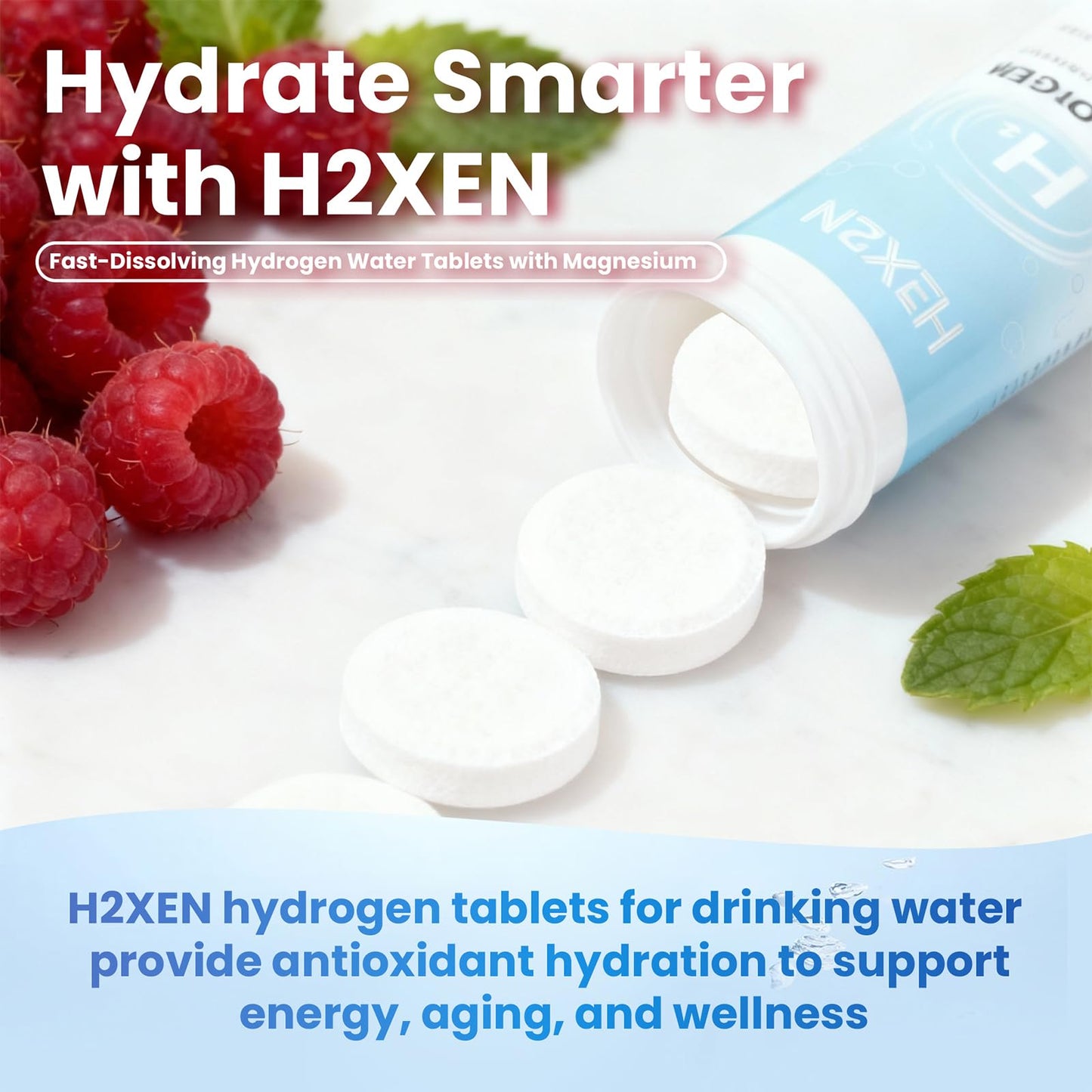 H2XEN Molecular Hydrogen Tablets with Magnesium - 8 PPM Hydrogen Water Tablets for Drinking Water, 60 Tablets