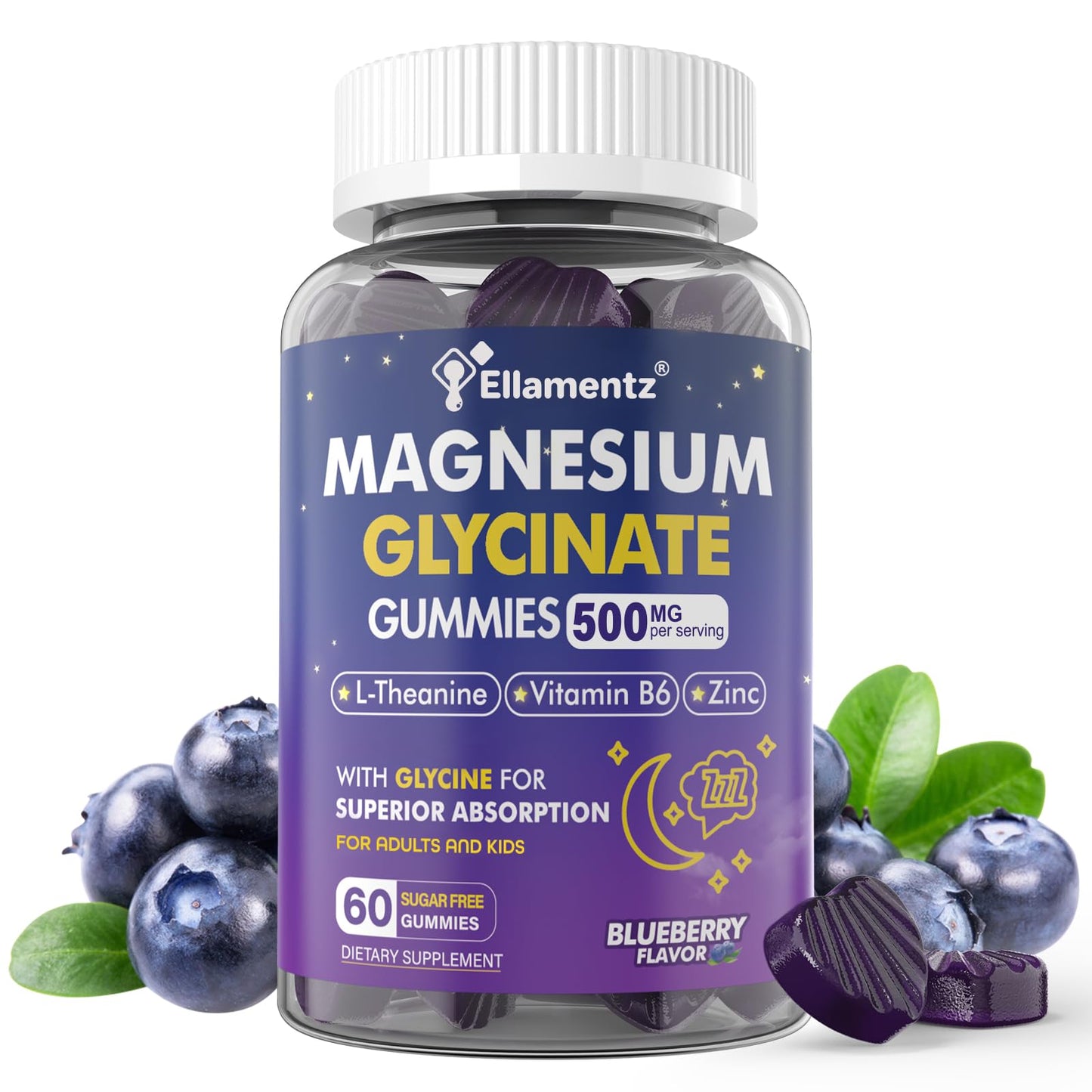 ELLAMENTZ Magnesium Glycinate Gummies for Kids 6+ & Adults, 60 Count