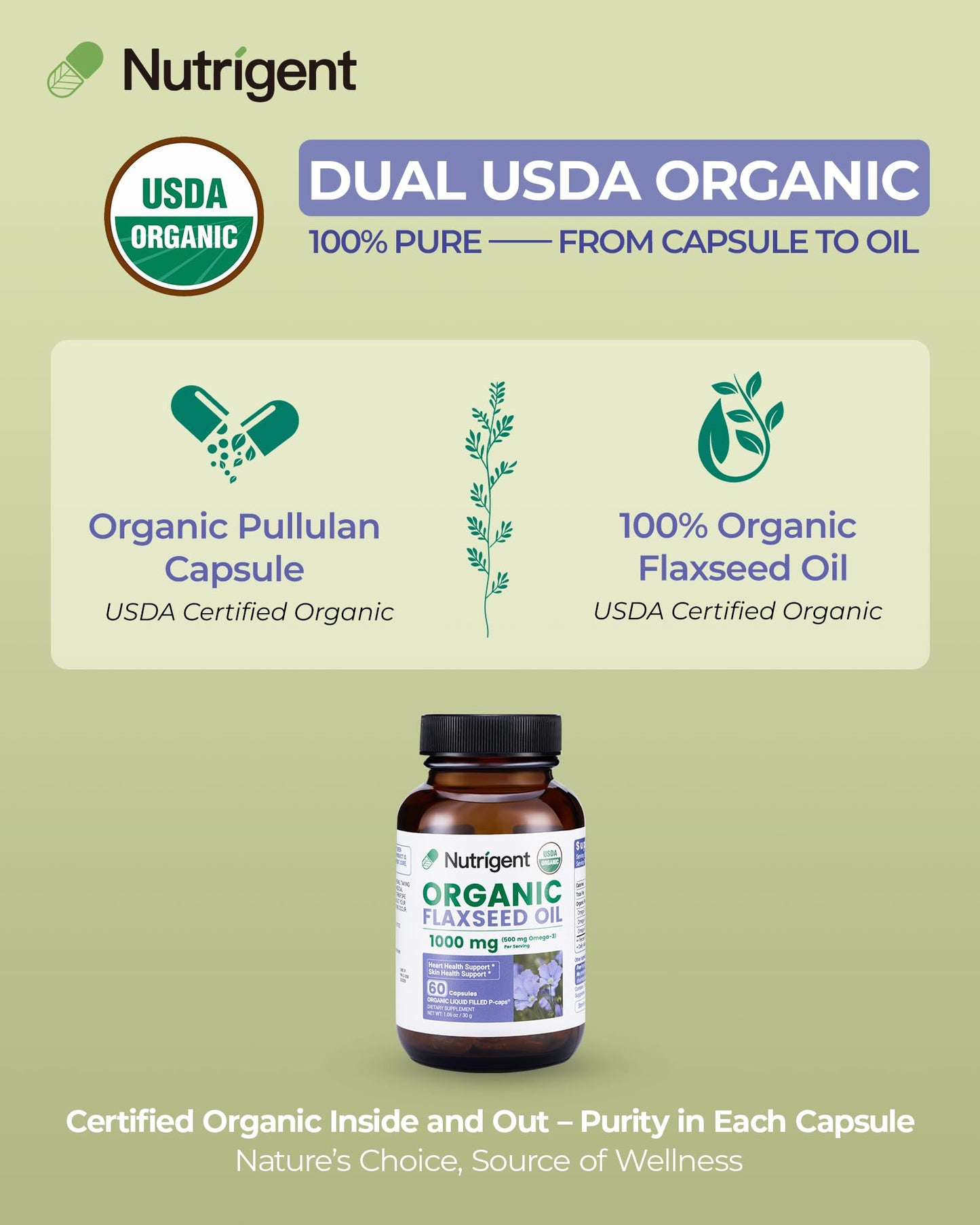 Nutrigent USDA Organic Flaxseed Oil 1000mg Plant-Based Liquid Capsules, 60 Capsules
