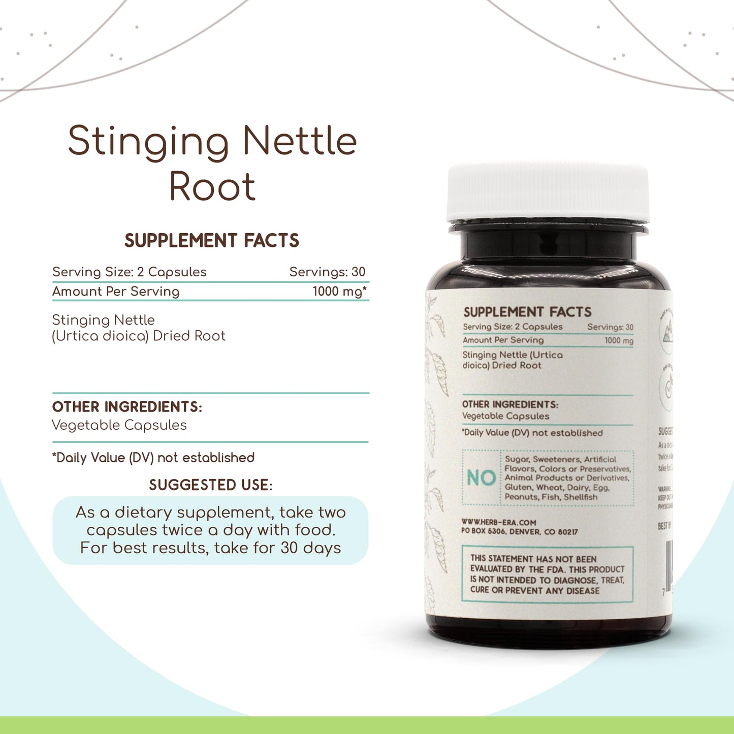 HerbEra Stinging Nettle Root 500 mg Capsules, 60 Count