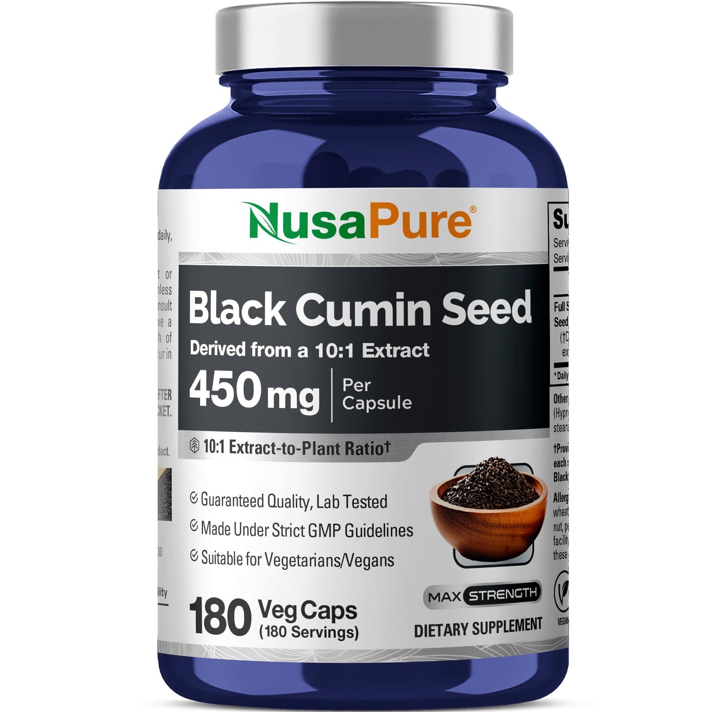 NusaPure Black Cumin Seed 450mg Veg Capsules, 180 Count