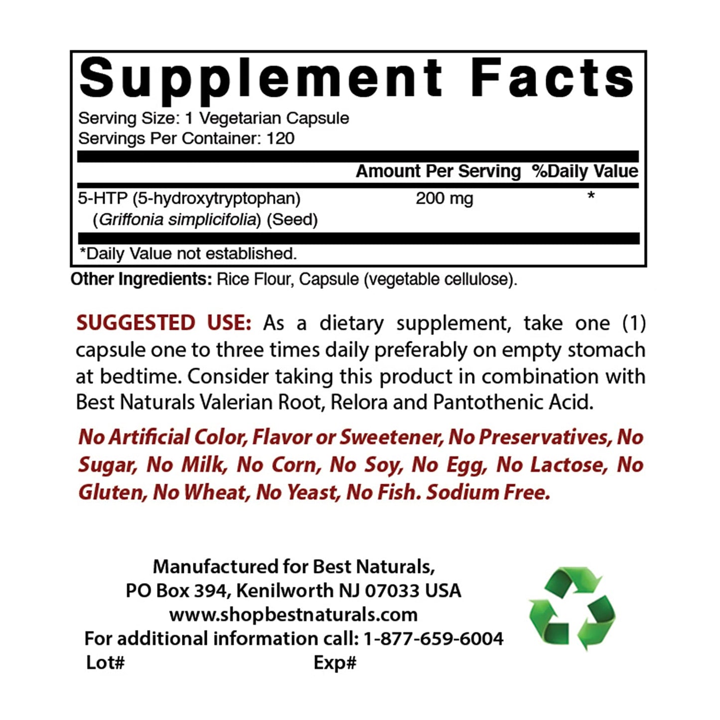 Best Naturals L-Tryptophan 500 mg & 5-HTP 200 mg Capsules, 60 Capsules
